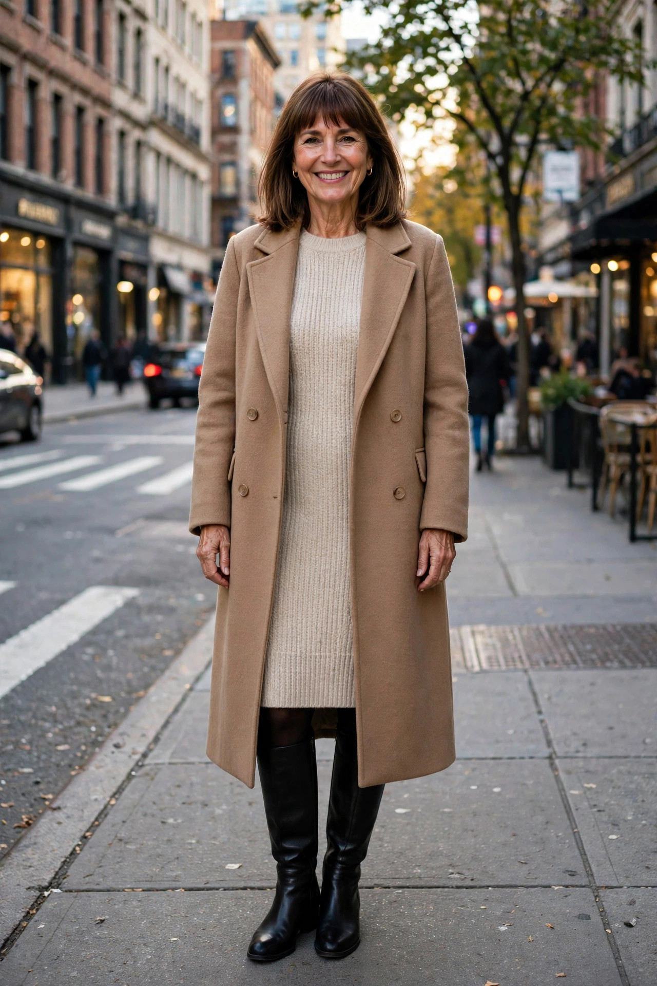 Smiling woman with shoulder-length brown hair and bangs in a cream knit midi dress layered with a camel wool coat, tights and black knee-high boots on a city street