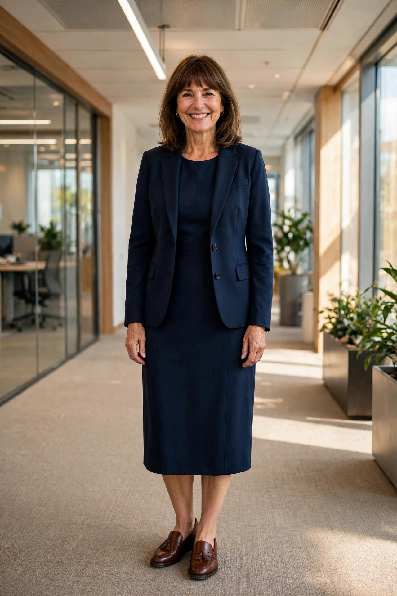 Smiling woman with shoulder-length brown hair and bangs in a navy midi dress with a blazer and brown loafers in a bright office hallway