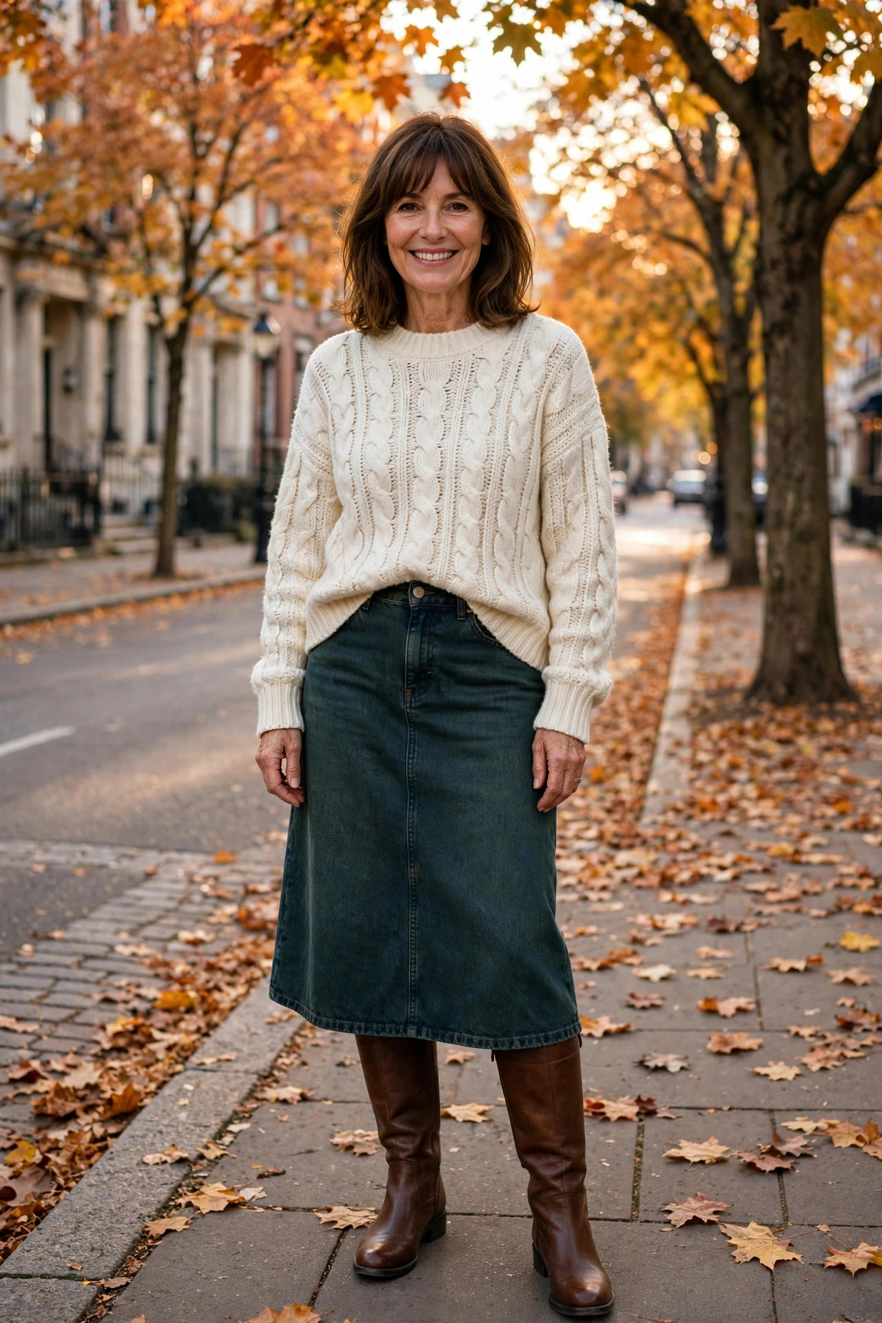 Smiling woman with shoulder-length brown hair and bangs in a dark green denim midi skirt with a cream cable-knit sweater front-tucked and knee-high boots on an autumn street