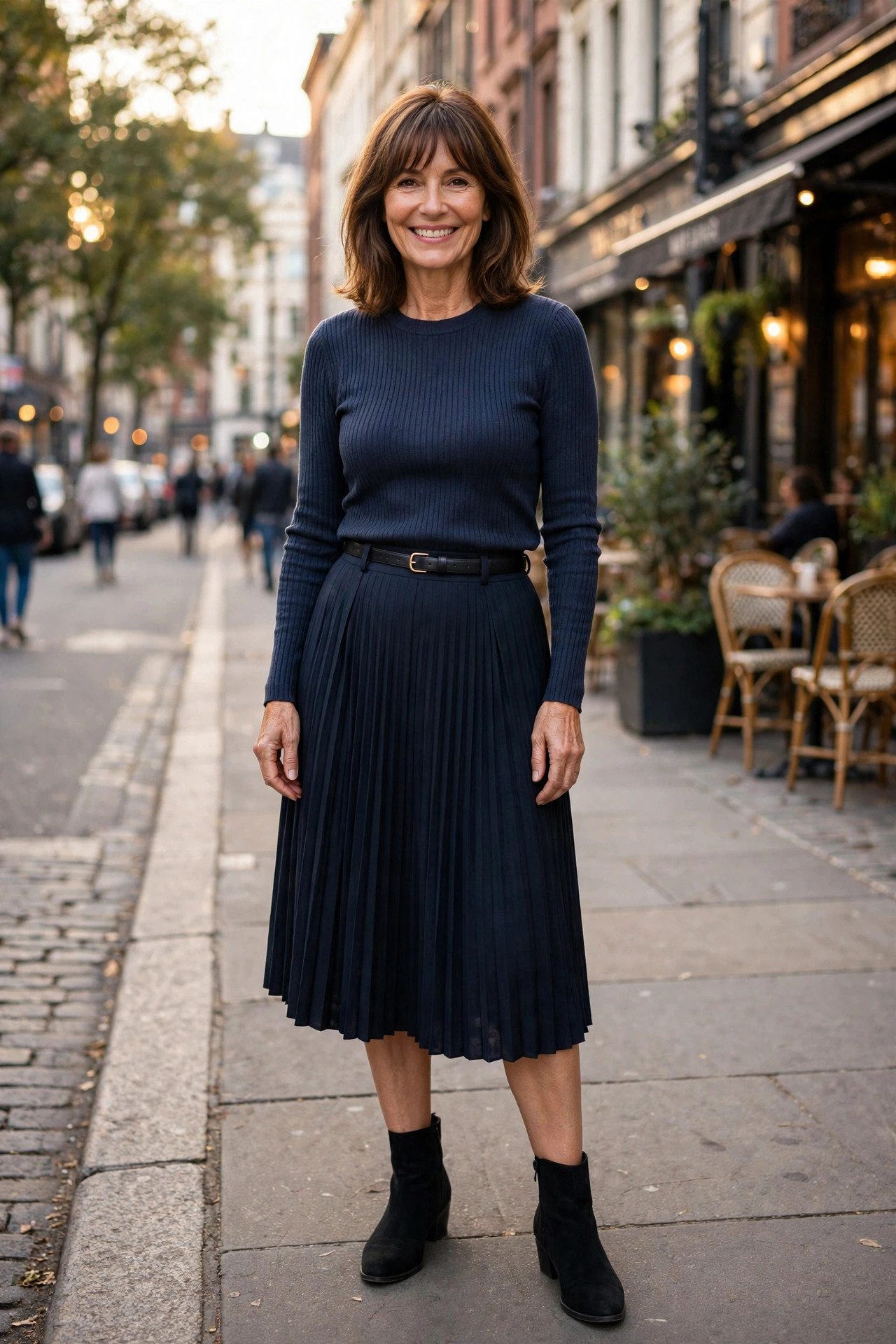 Smiling woman with shoulder-length brown hair and bangs in a navy pleated midi skirt with a fitted knit top and ankle boots on a city street