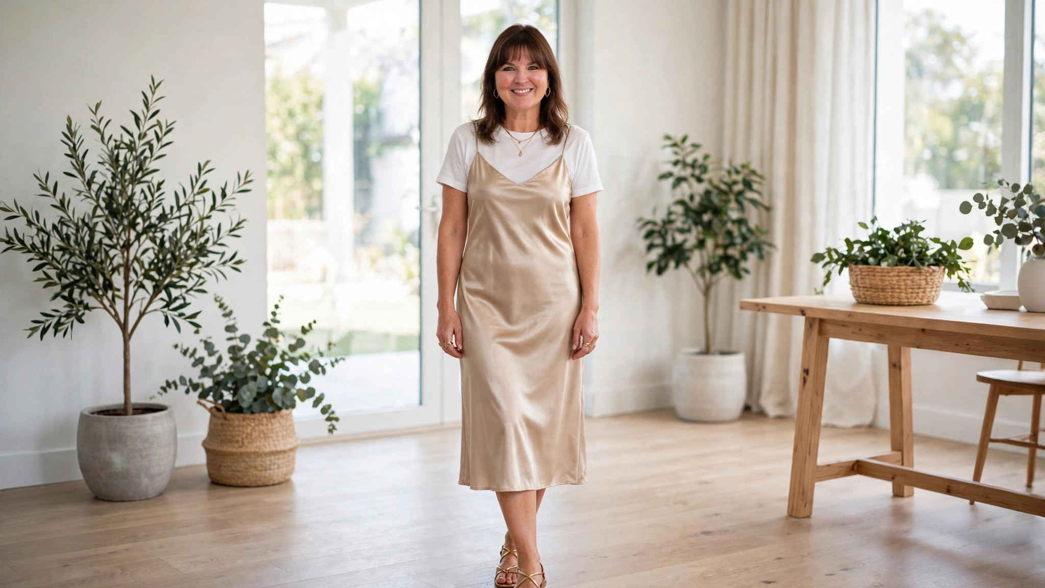 Woman wearing a silk slip dress