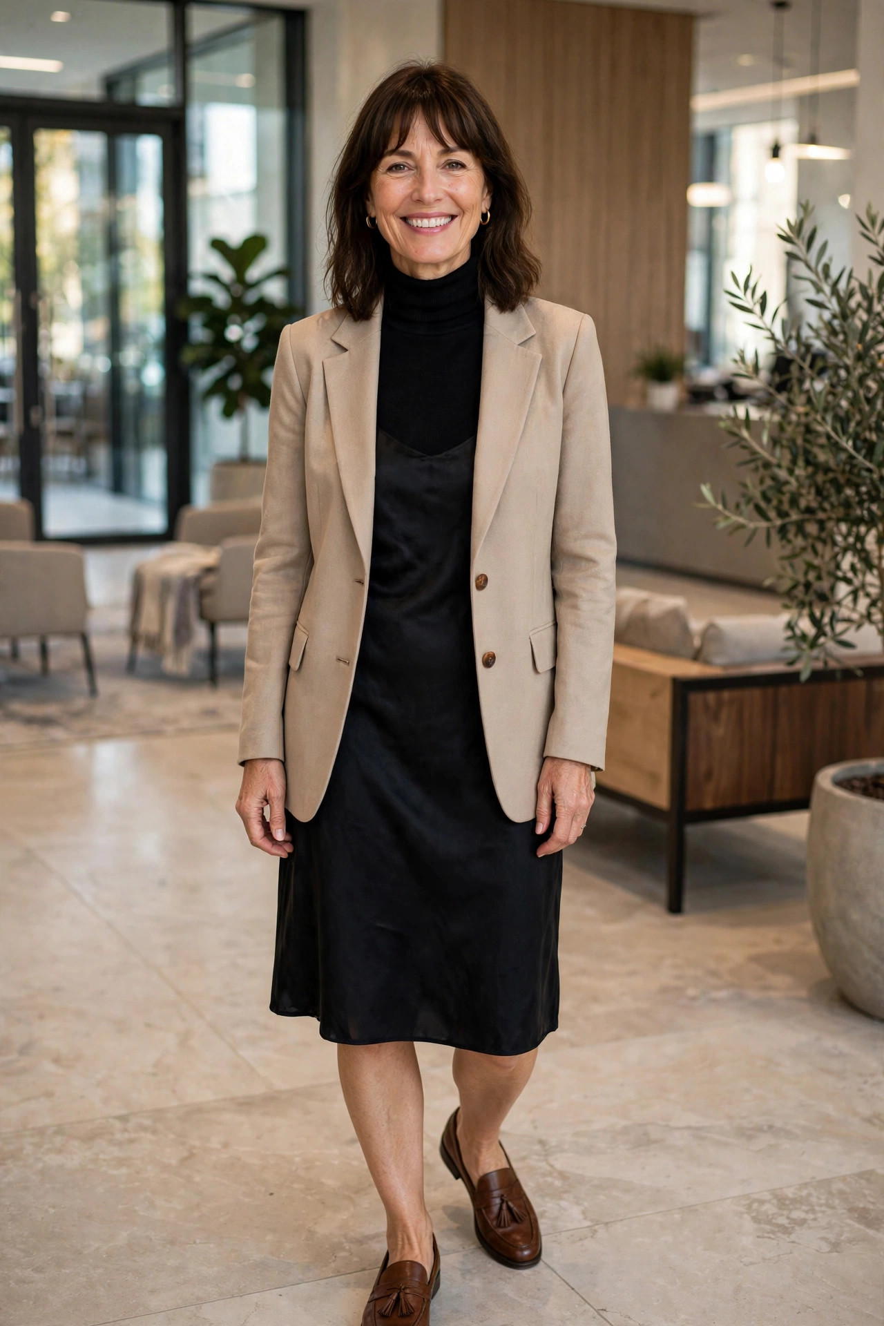 Smiling woman wearing a black slip dress under a tailored beige blazer with brown loafers, a polished way to style a slip dress for the office