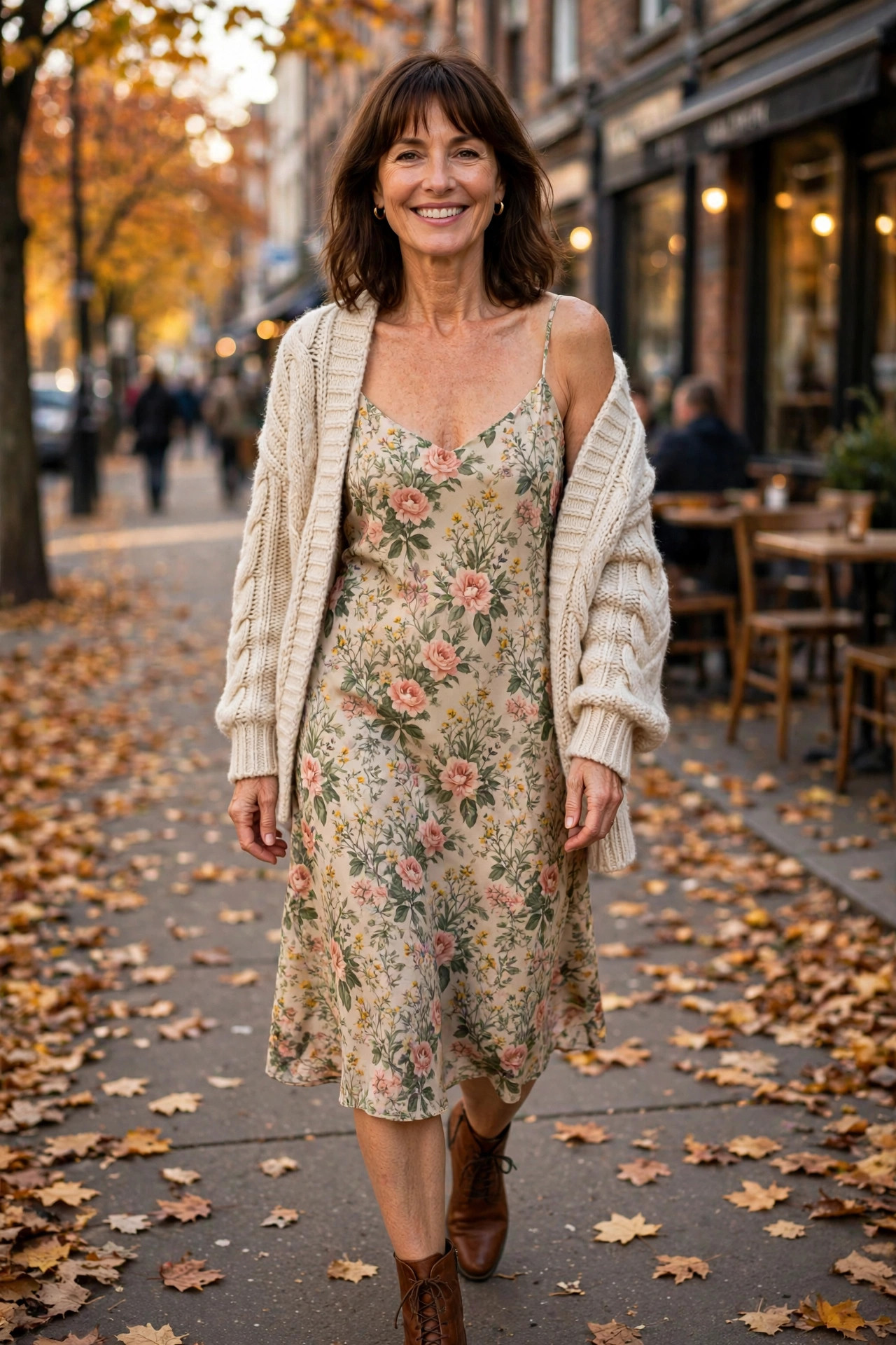 Smiling woman in a floral slip dress with a cream cable-knit cardigan and brown ankle boots on an autumn street