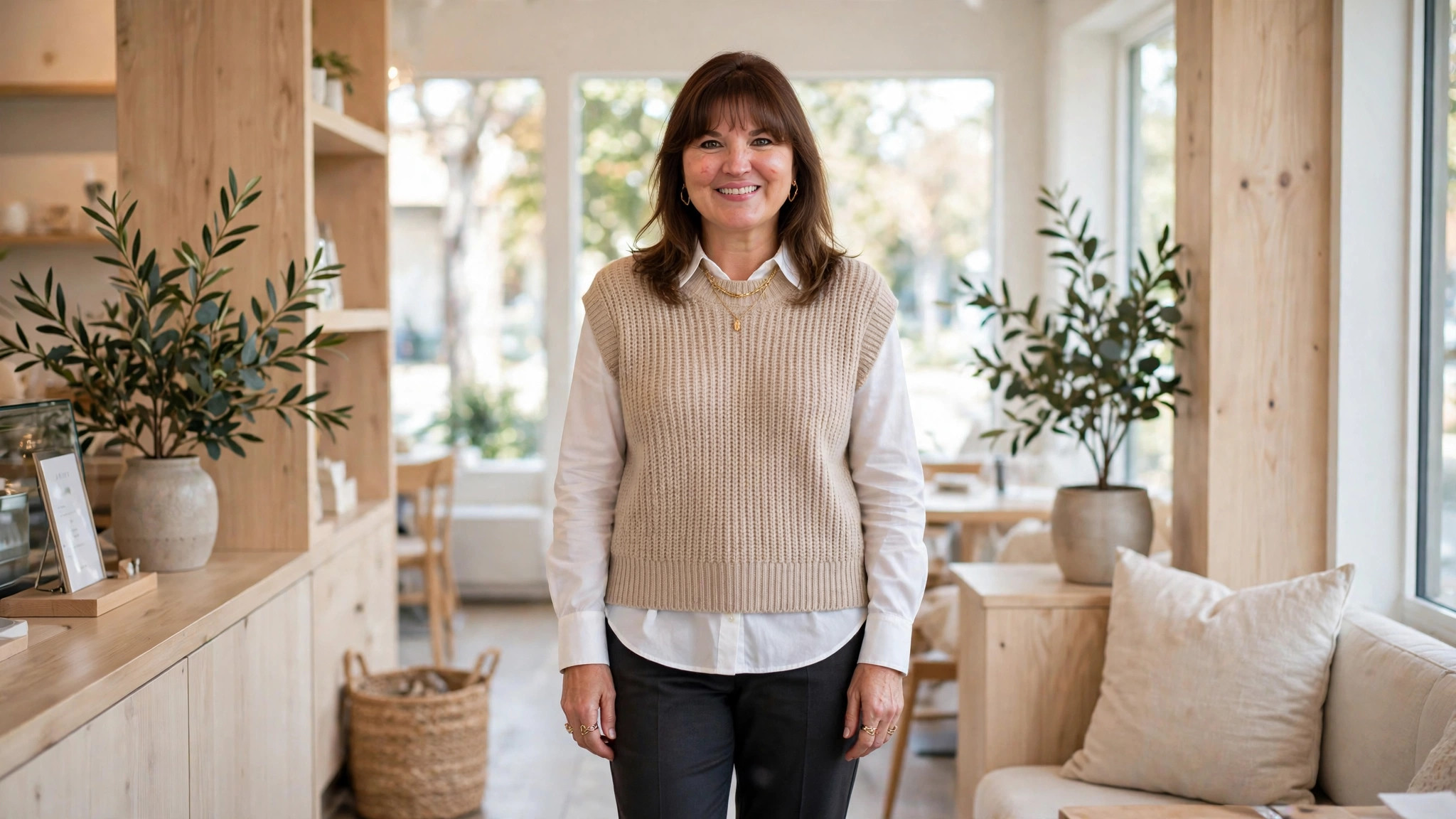 Woman styling a knitted sweater vest with a blouse