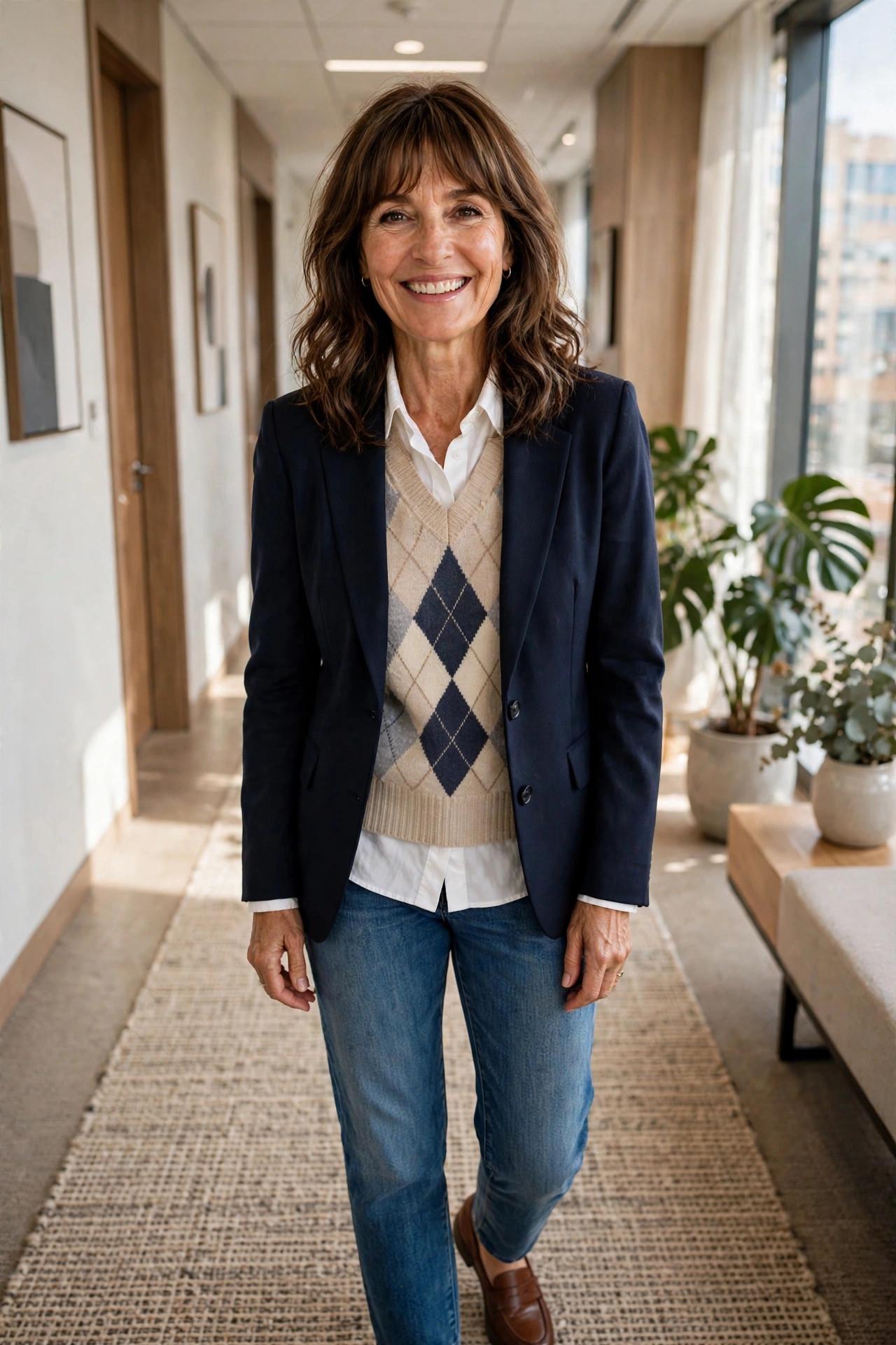 Smiling woman wearing an argyle sweater vest layered under a navy blazer with a white shirt, an office way to style a sweater vest