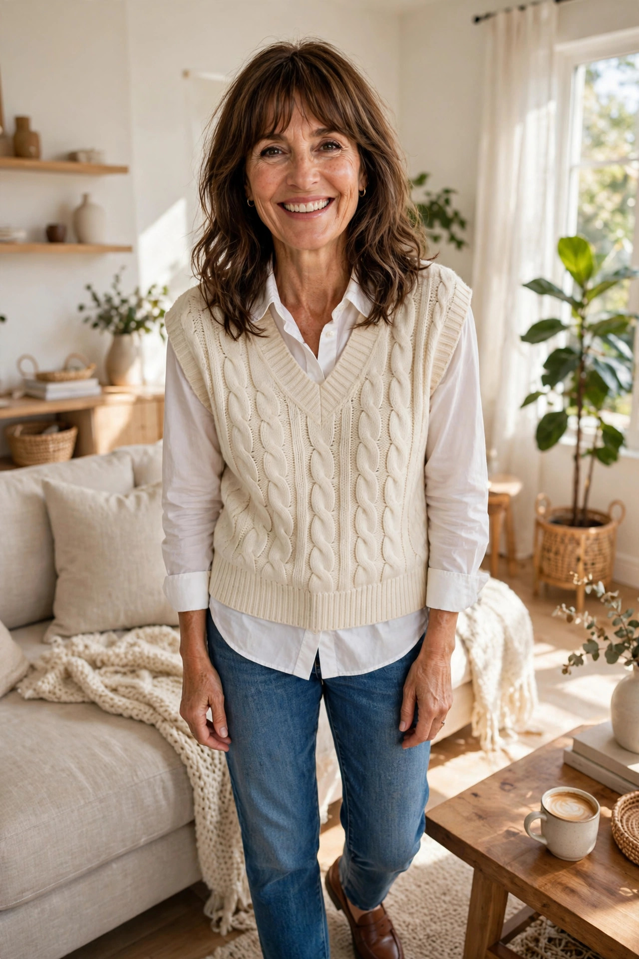Smiling woman wearing a cream cable-knit sweater vest over a white button-down shirt with jeans, a classic way to style a sweater vest