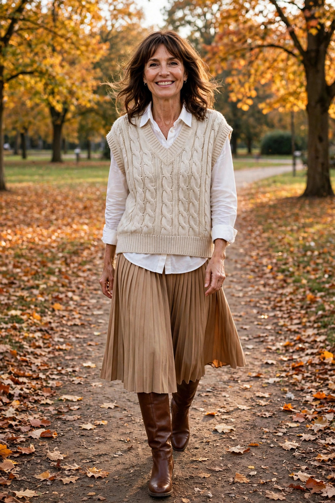 Smiling woman in an oatmeal cable-knit sweater vest with a pleated tan skirt and brown knee-high boots on an autumn park path