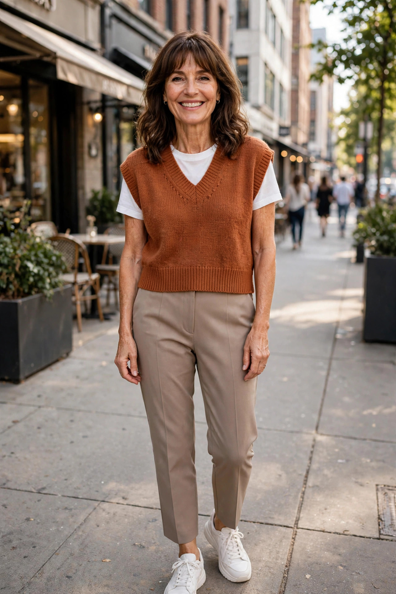 Smiling woman in a rust cropped sweater vest over a white tee with tailored trousers and sneakers, a modern way to style a sweater vest