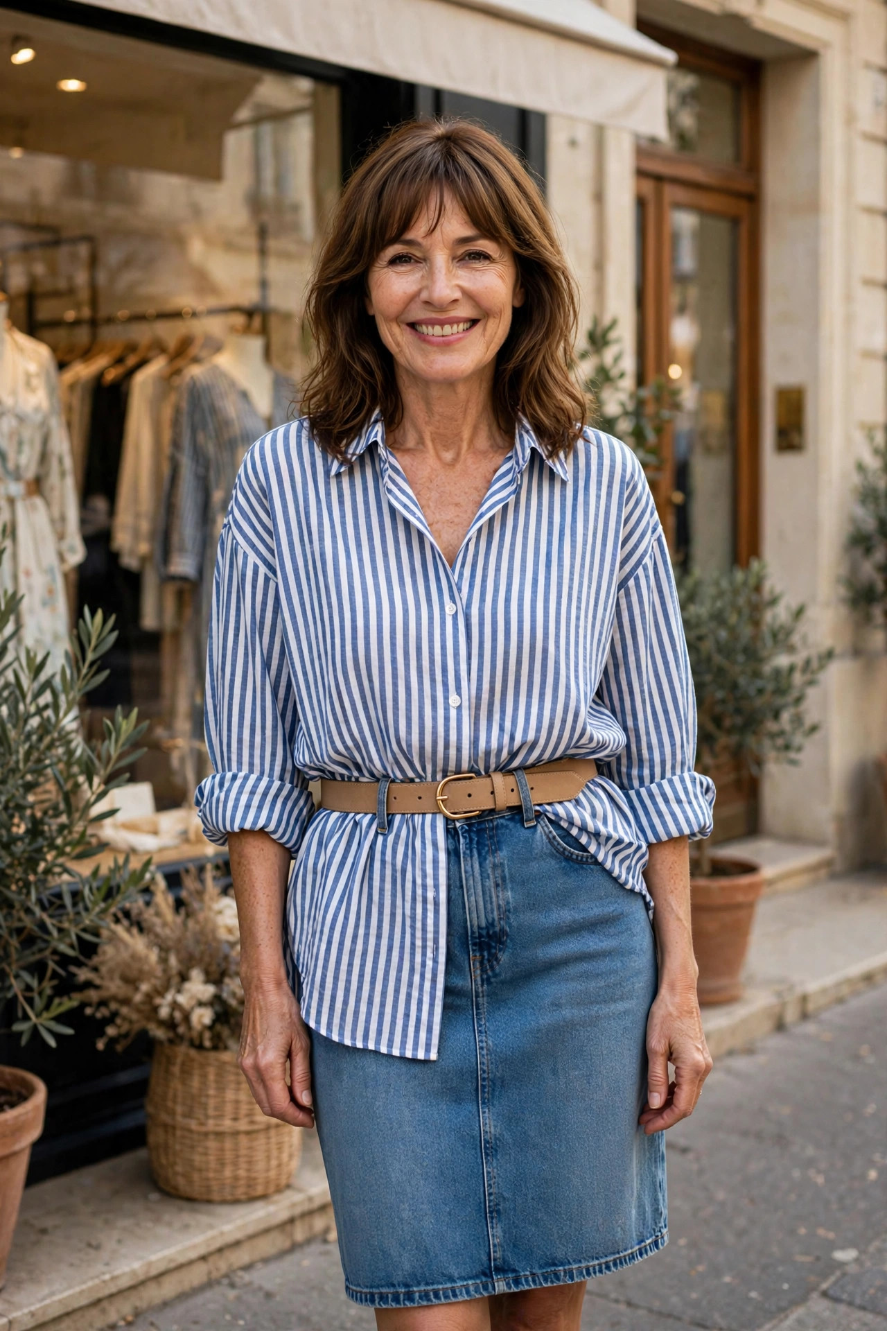 Smiling woman in a blue and white striped oversized shirt cinched with a tan belt over a denim skirt outside a boutique