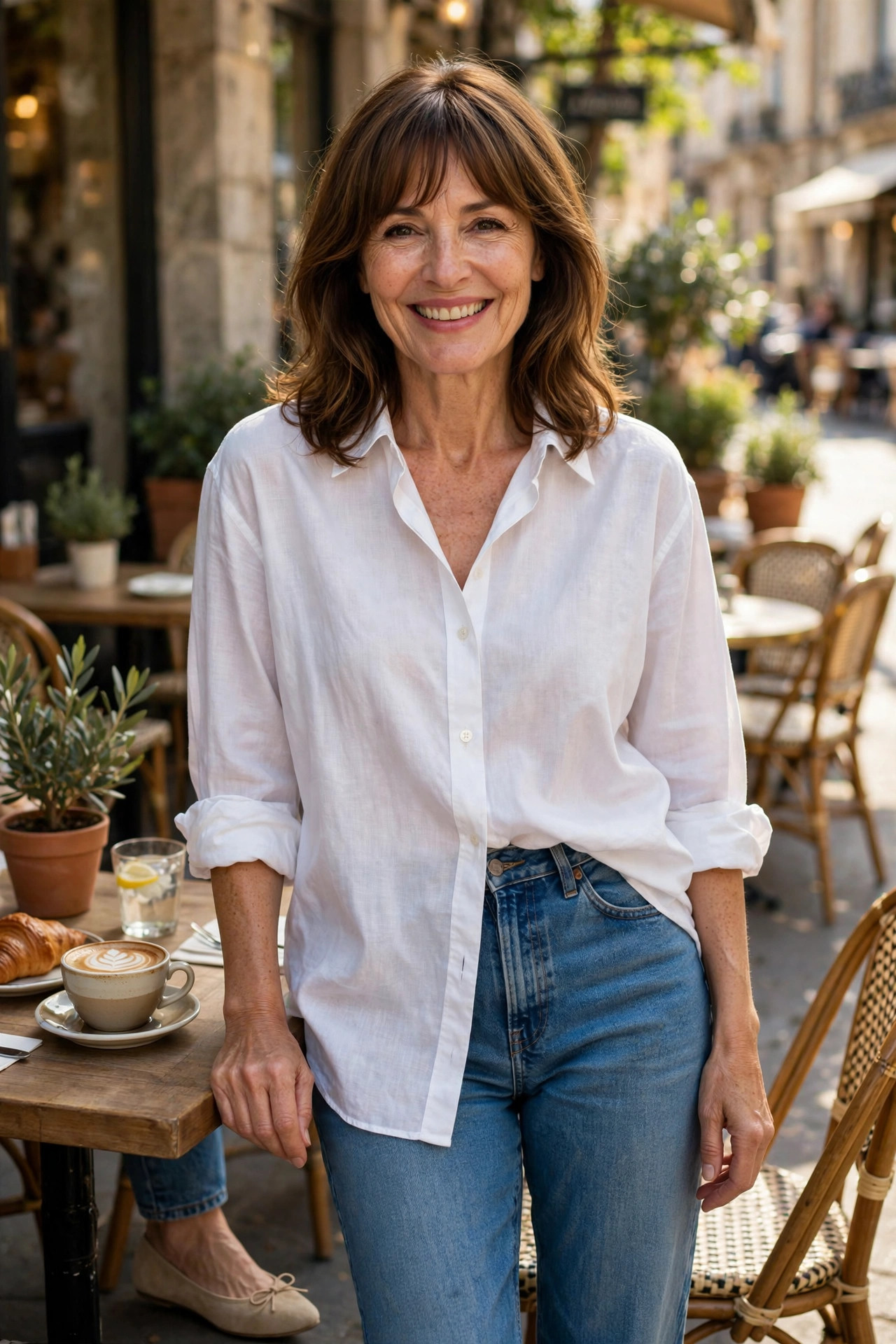 Smiling woman wearing an oversized white shirt tucked into high-rise blue jeans with flats at a sunny cafe, an easy way to style an oversized shirt