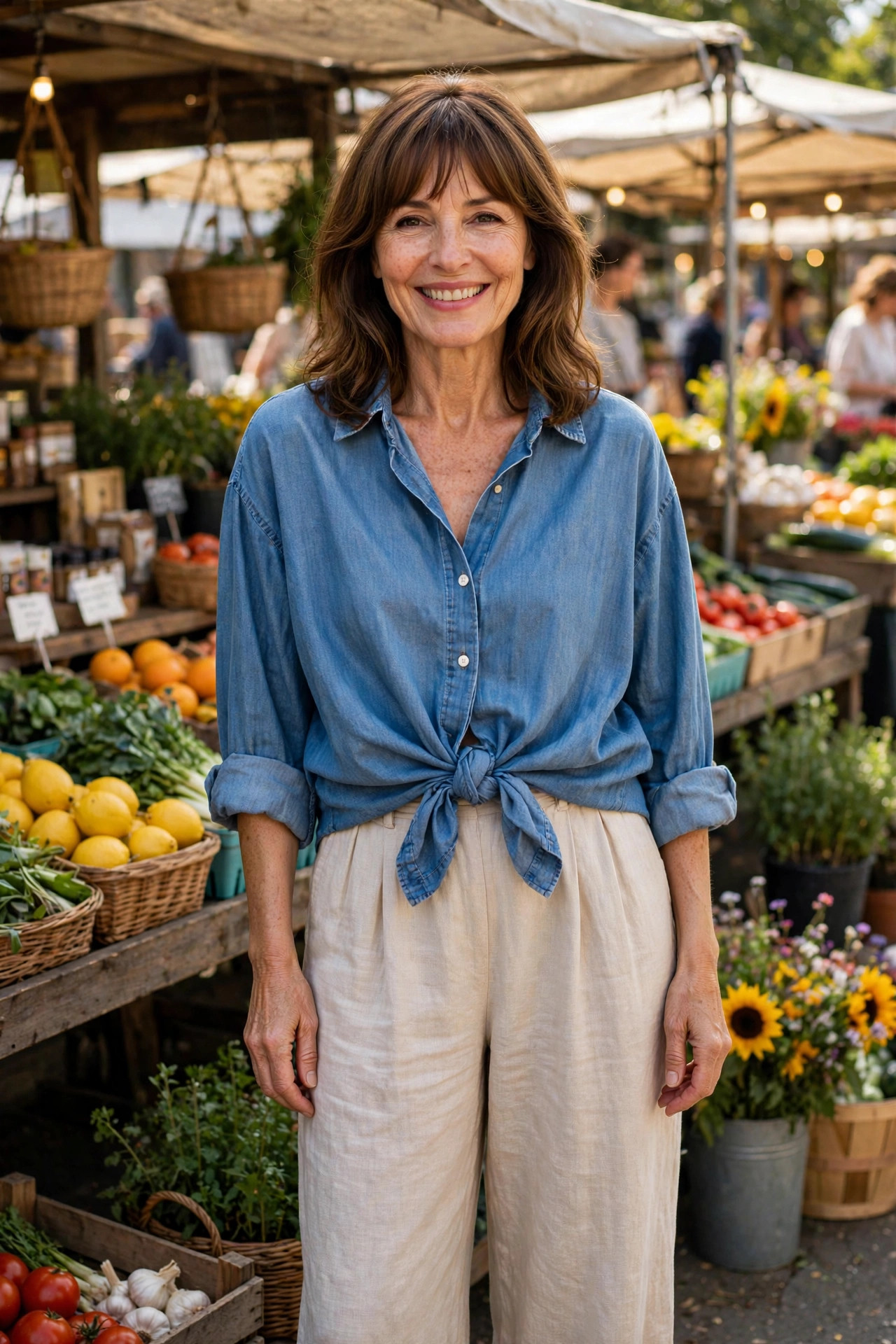Smiling woman wearing a chambray oversized shirt knotted at the waist over cream wide-leg pants at a farmers market