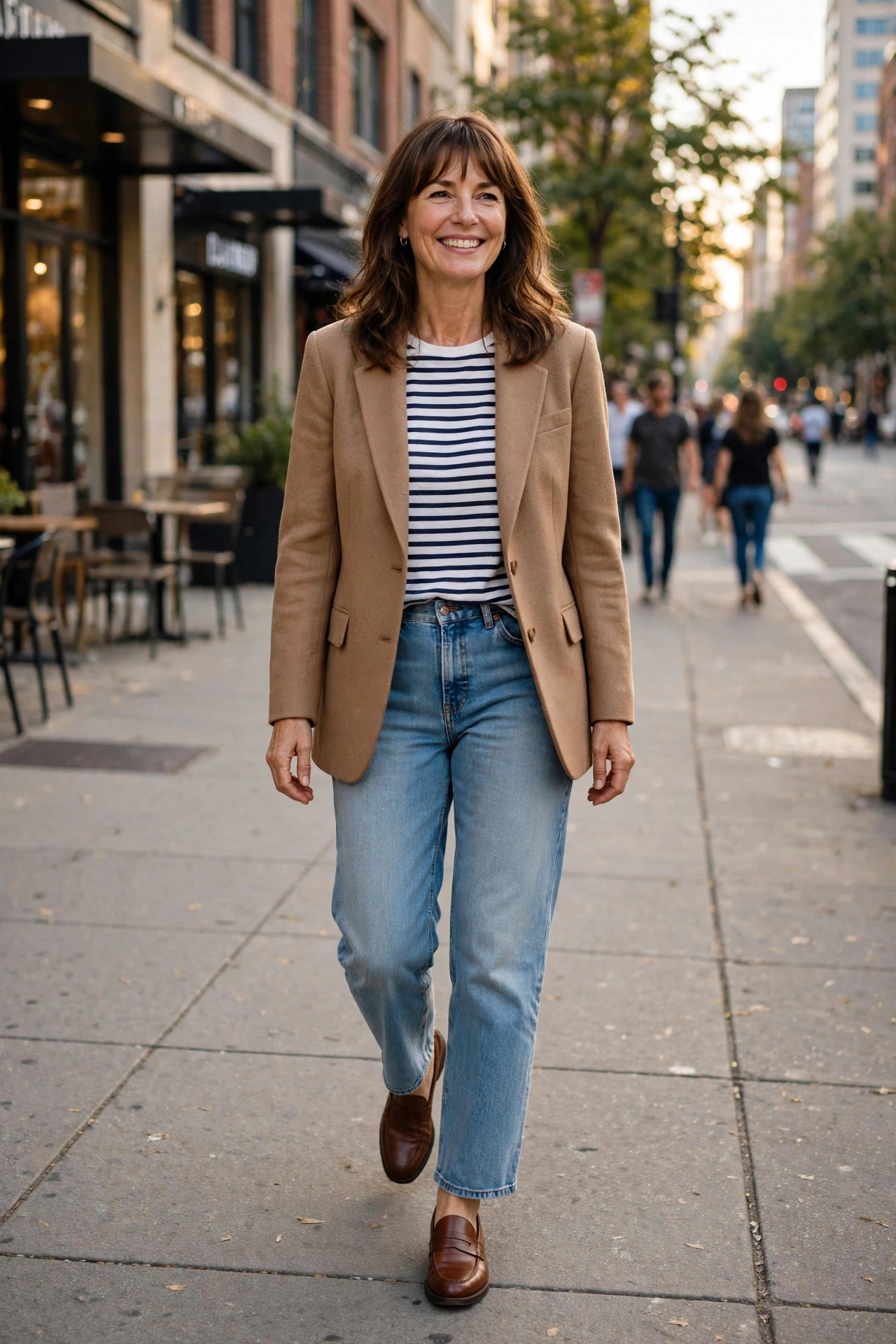 Smiling woman wearing a camel blazer over a striped tee with mom jeans and brown loafers on a downtown sidewalk