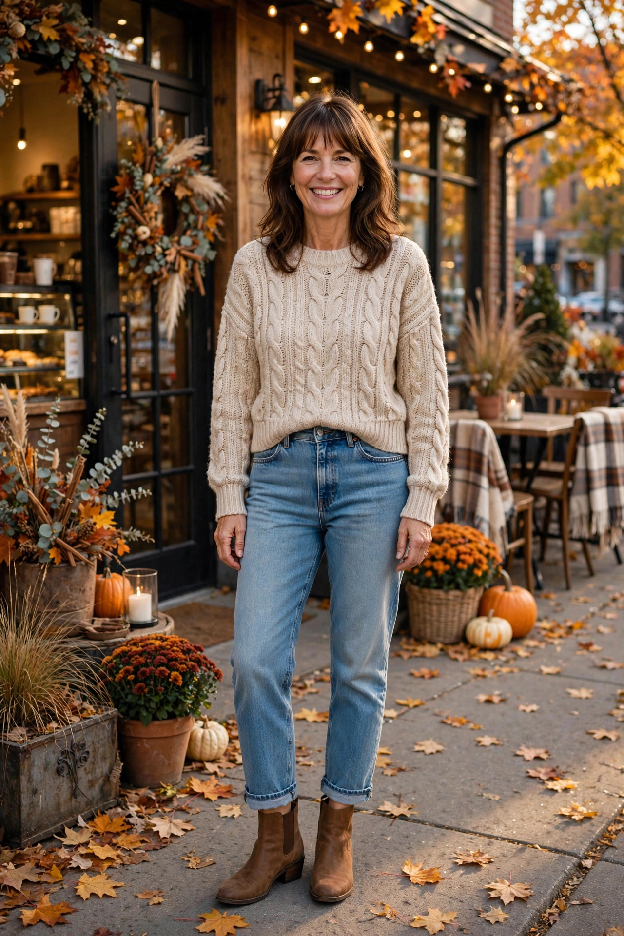 Smiling woman in an oatmeal cable-knit sweater with mom jeans and brown ankle boots outside an autumn coffee shop