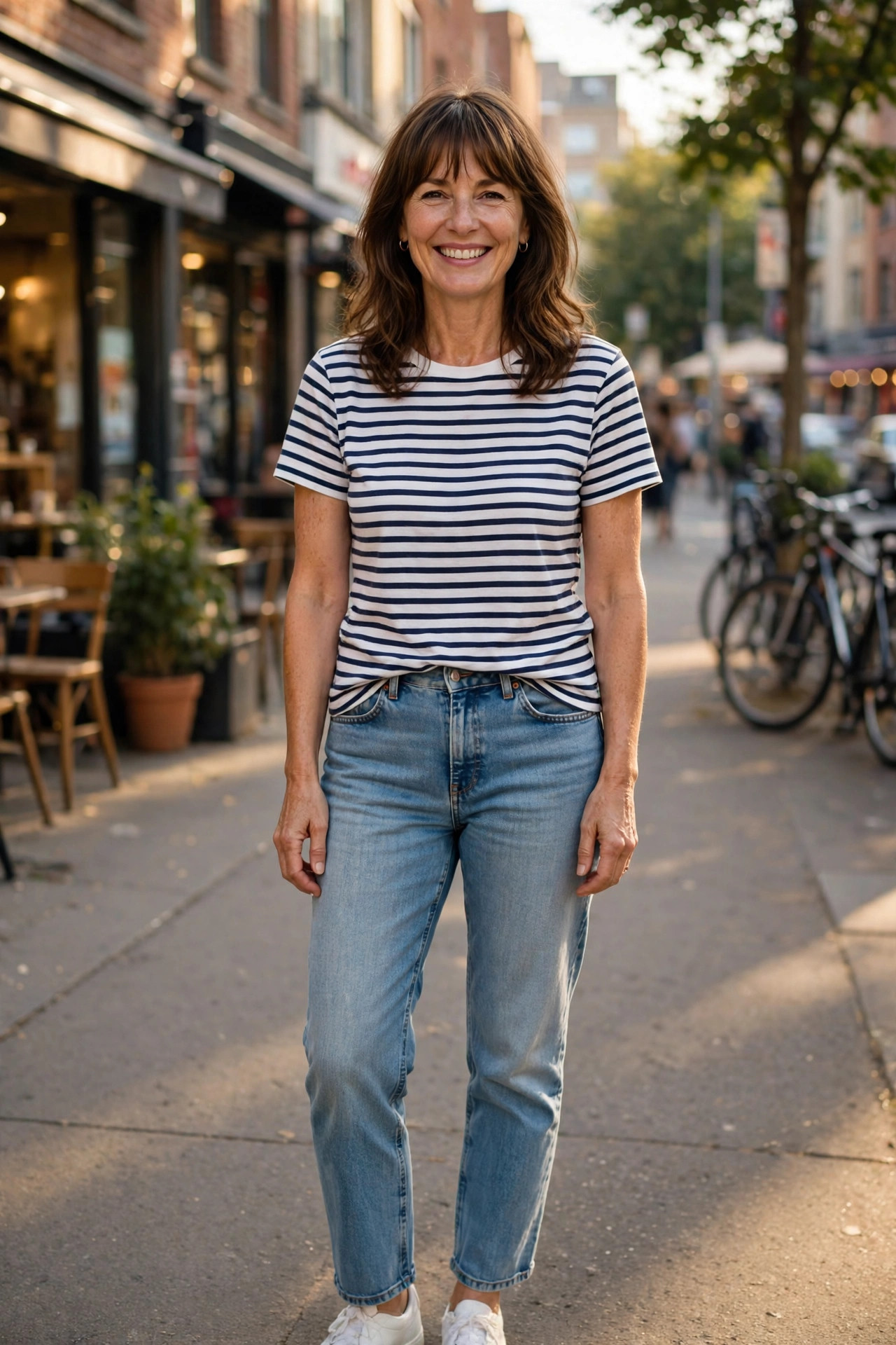 Smiling woman in a navy striped tee tucked into light-wash mom jeans with white sneakers, a casual way to style mom jeans