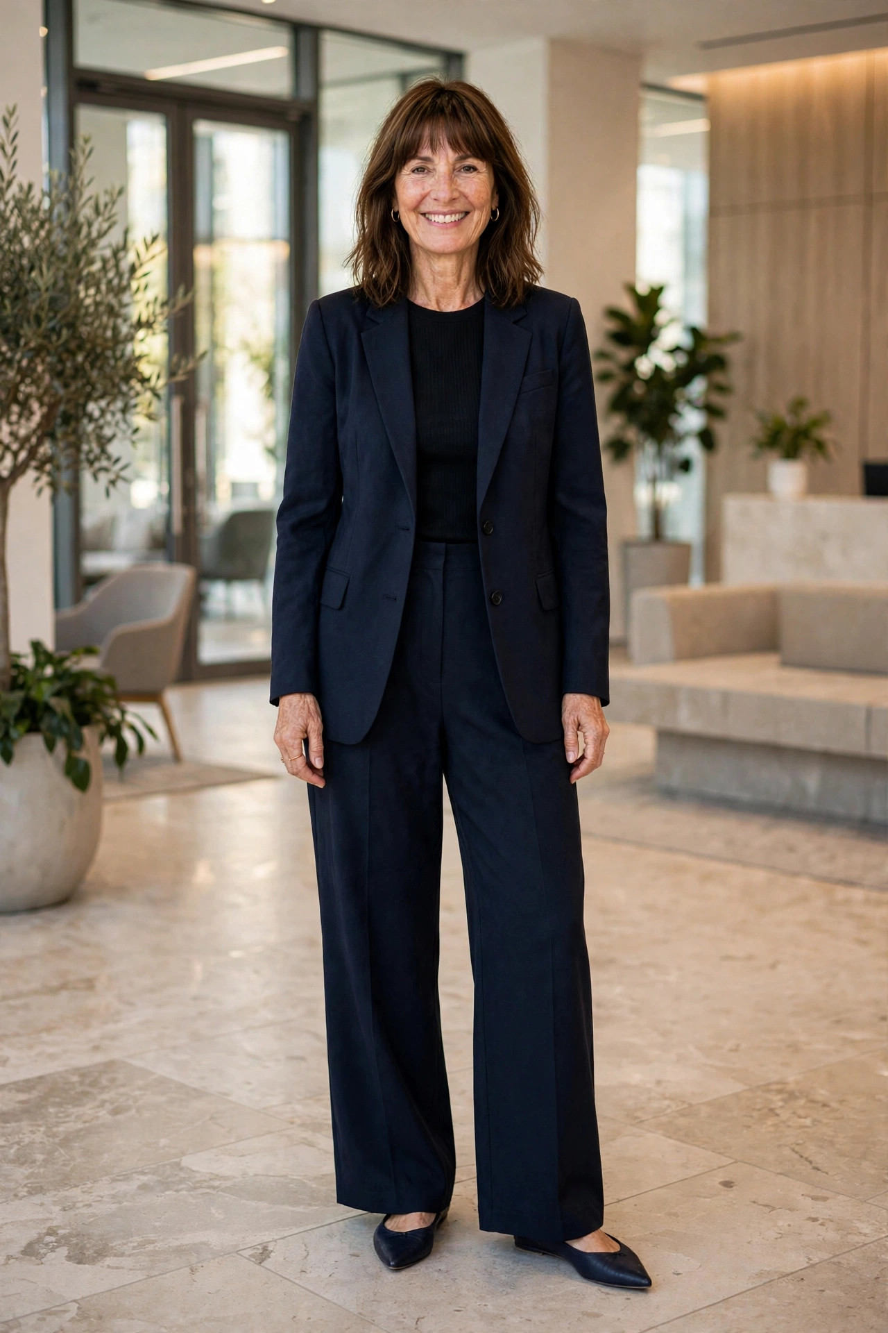 Smiling woman wearing a navy blazer with matching wide leg pants and pointed flats in an office lobby