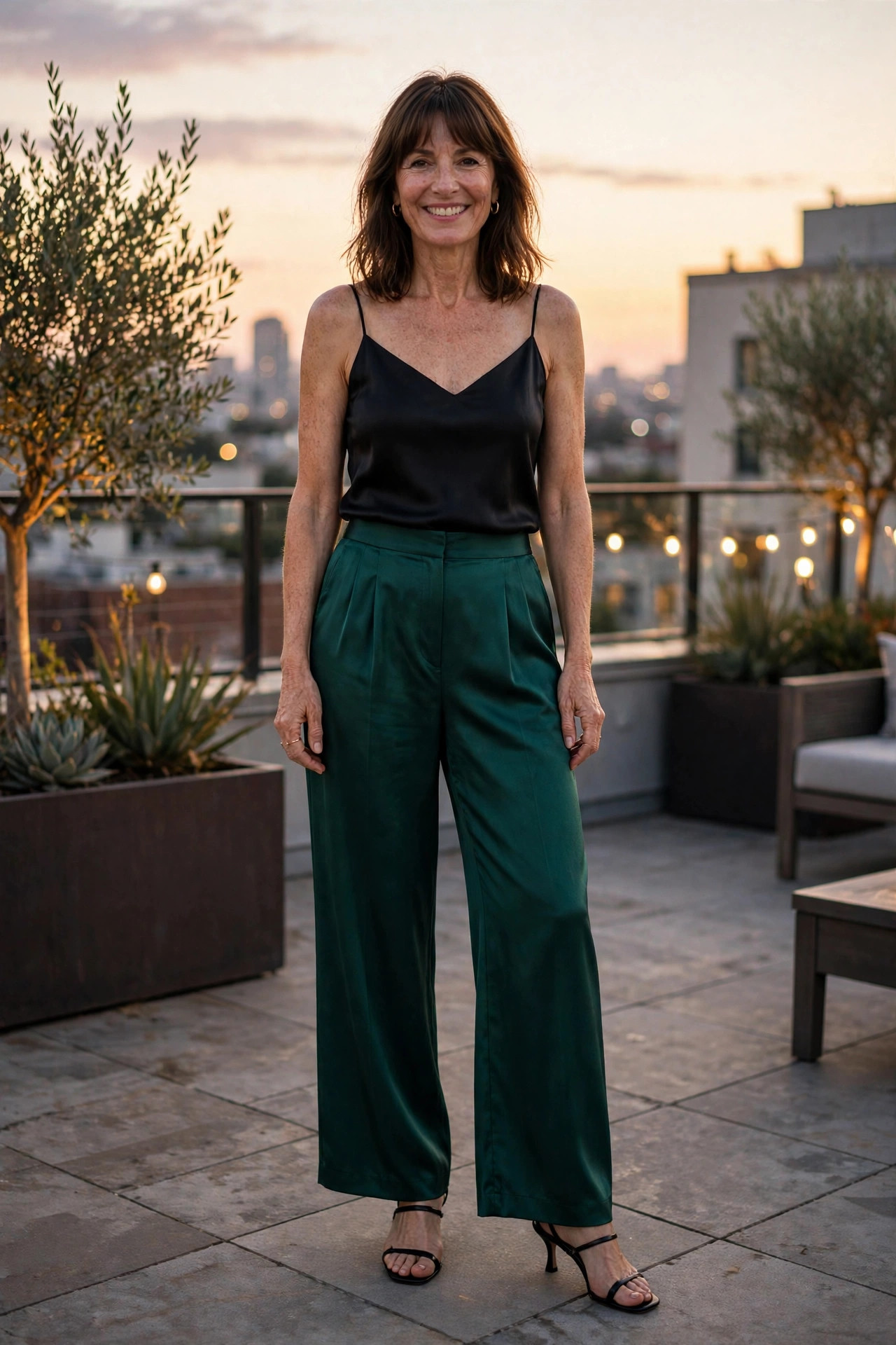 Smiling woman in a black satin camisole with emerald satin wide leg pants and heels on a rooftop at sunset