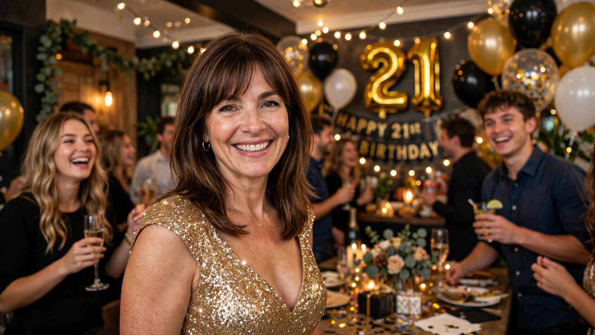 Smiling woman with shoulder-length brown hair and bangs in a gold sequin 21st birthday outfit at a party with gold 21 balloons and string lights