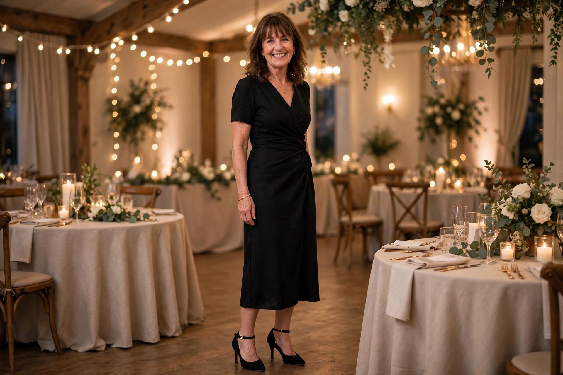 Can you wear black to a wedding: elegant woman in a black midi dress as a wedding guest