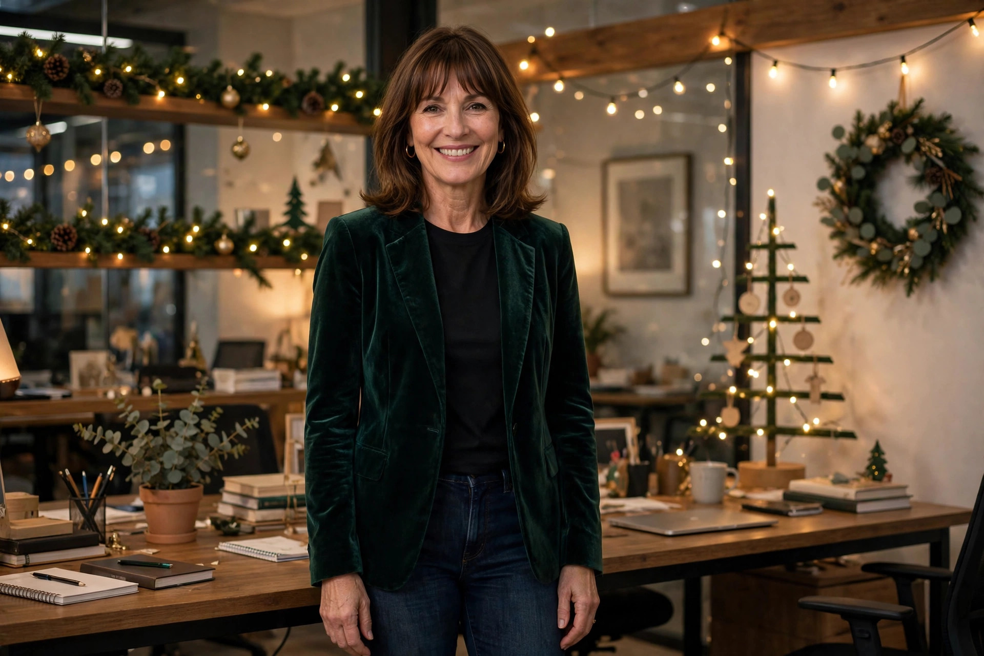 Woman in a velvet blazer, one of the most elegant Christmas party outfits for 2026