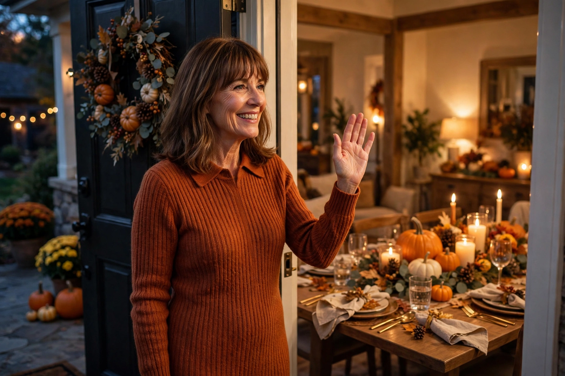 Smiling mature woman with shoulder-length brown hair and bangs in a rust knit sweater dress waving at the front door, Thanksgiving dinner table with pumpkins and candles behind her, outfit for meeting your boyfriend's parents