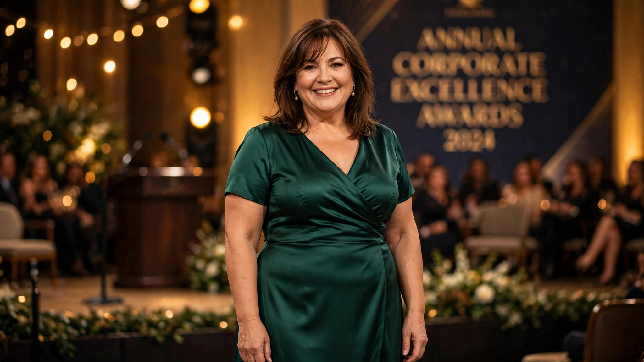 Smiling mature woman with shoulder-length brown hair and bangs wearing an emerald green satin wrap dress at a work awards ceremony, corporate awards backdrop behind her