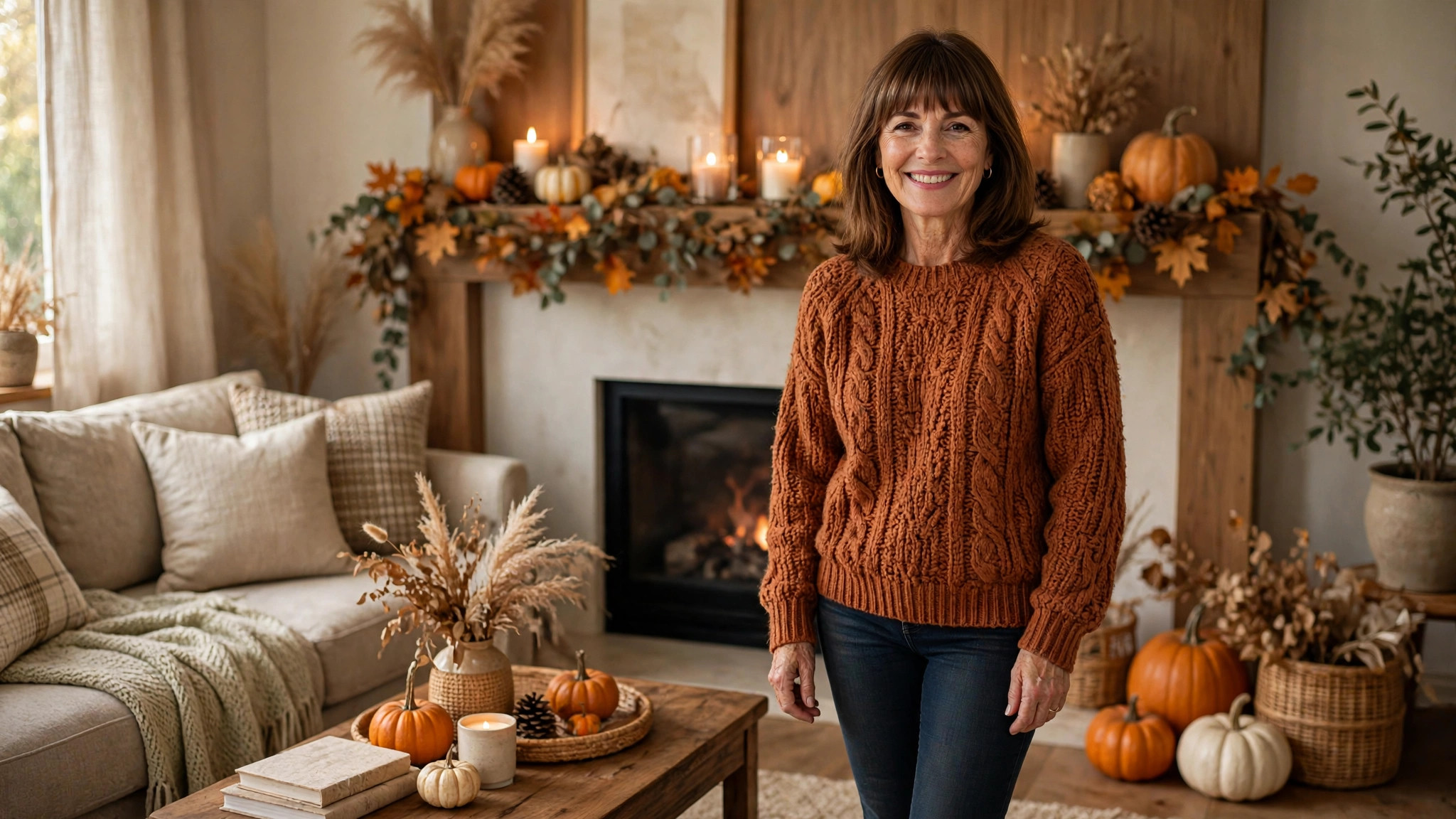 Smiling mature woman with shoulder-length brown hair and bangs wearing a rust cable-knit sweater and dark jeans in a cozy living room with pumpkins, candles, and fall decor