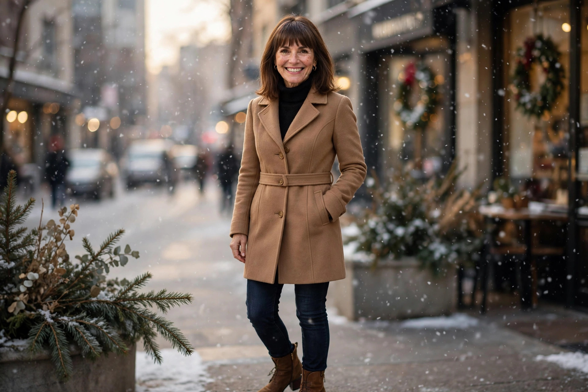 Petite winter coats: smiling woman with shoulder-length brown hair wearing a well-fitted camel wool winter coat on a snowy city street