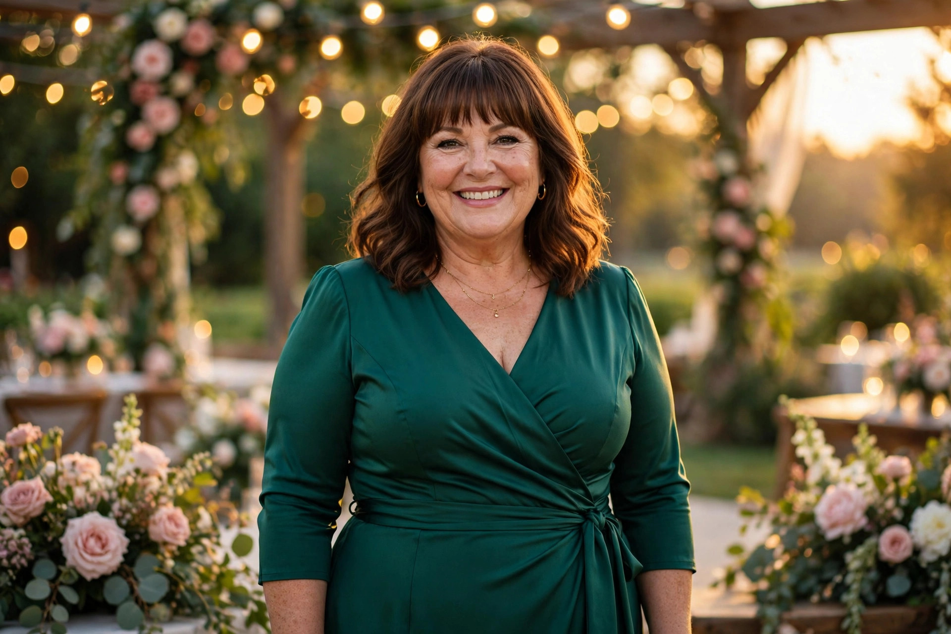 Smiling mature woman with shoulder-length brown hair and bangs wearing an elegant emerald green cocktail wrap dress with 3/4 sleeves at a wedding venue with string lights and floral arrangements