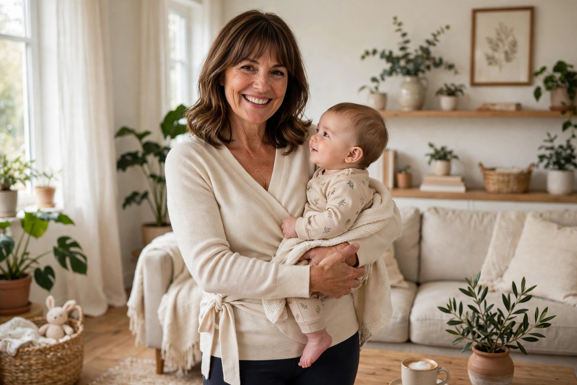 Smiling new mom in comfortable wrap top and leggings holding baby at home, postpartum wardrobe essentials for new moms