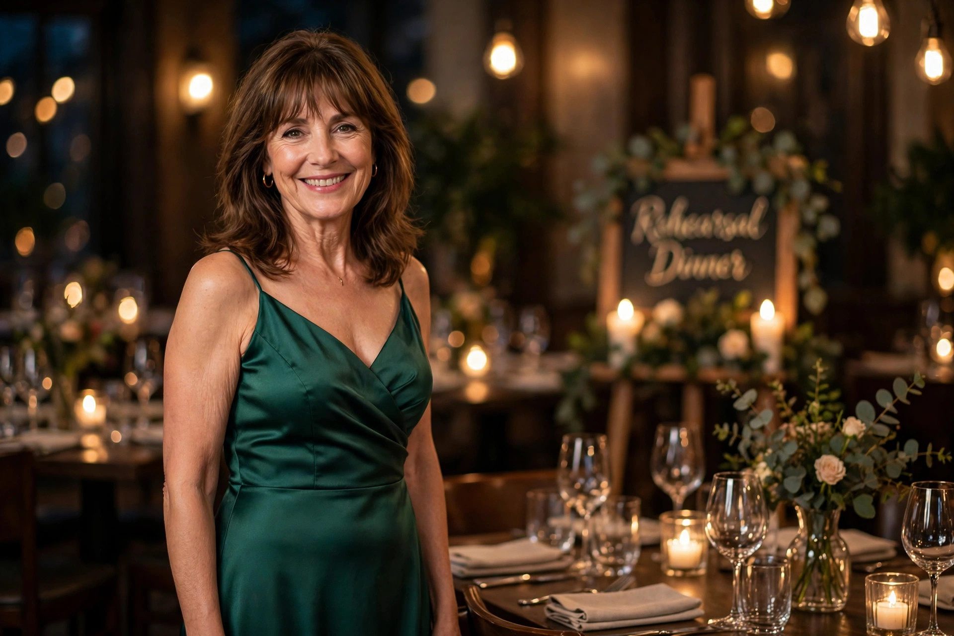 Smiling woman in an emerald green satin cocktail dress, an elegant choice for what to wear to a rehearsal dinner