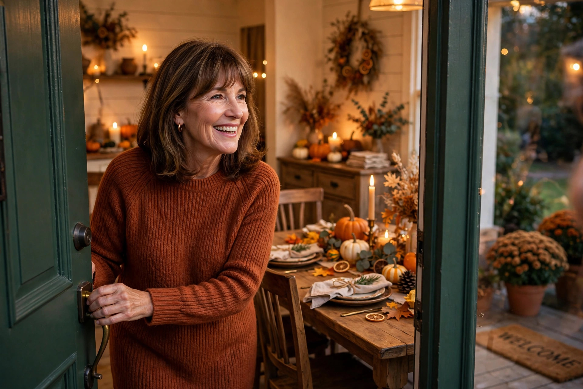 Thanksgiving host outfits: smiling mature woman with shoulder-length brown hair and bangs in a rust knit sweater dress greeting guests at her front door, Thanksgiving dinner table with pumpkins and candles behind her