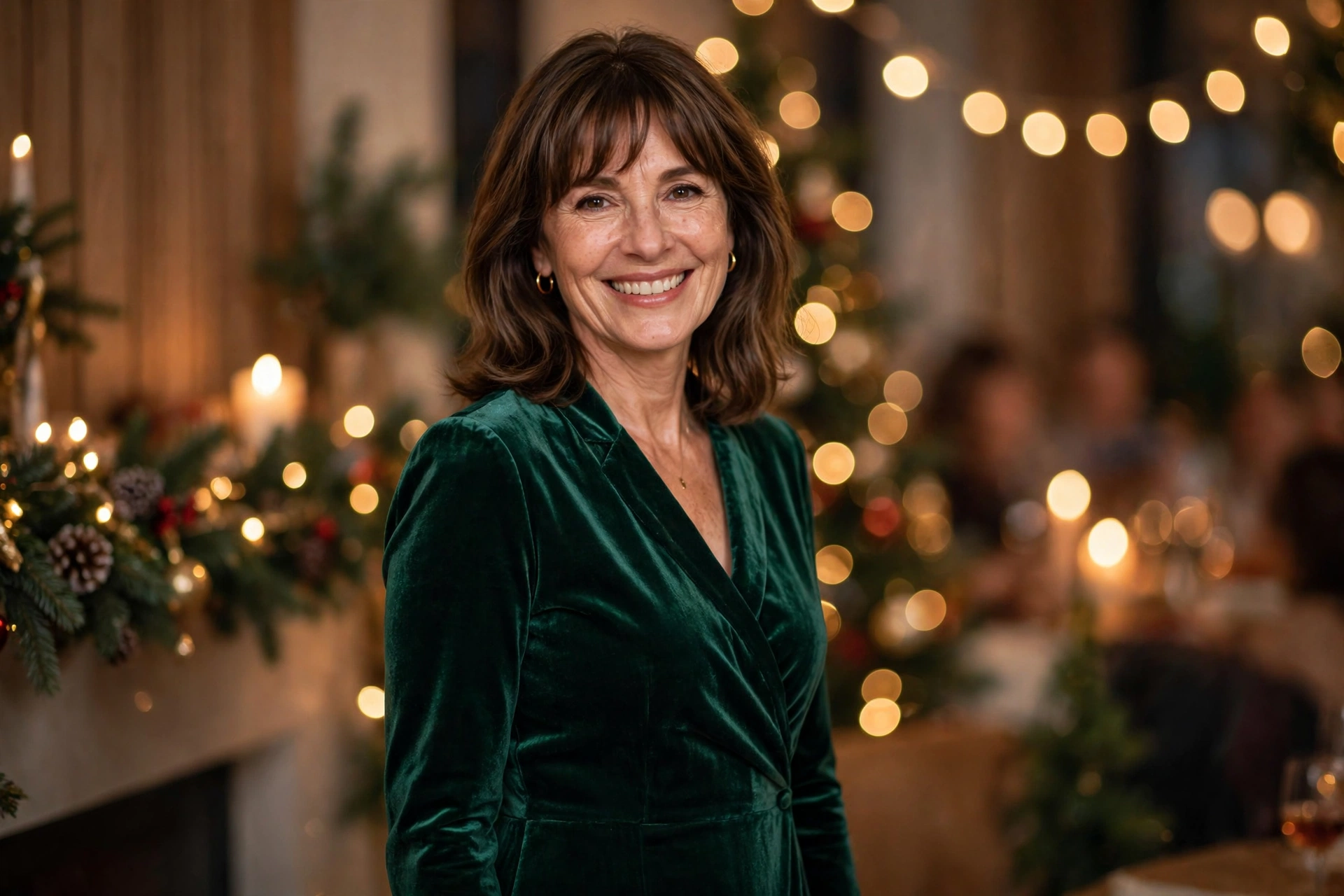 Woman in emerald velvet midi dress at a Christmas party