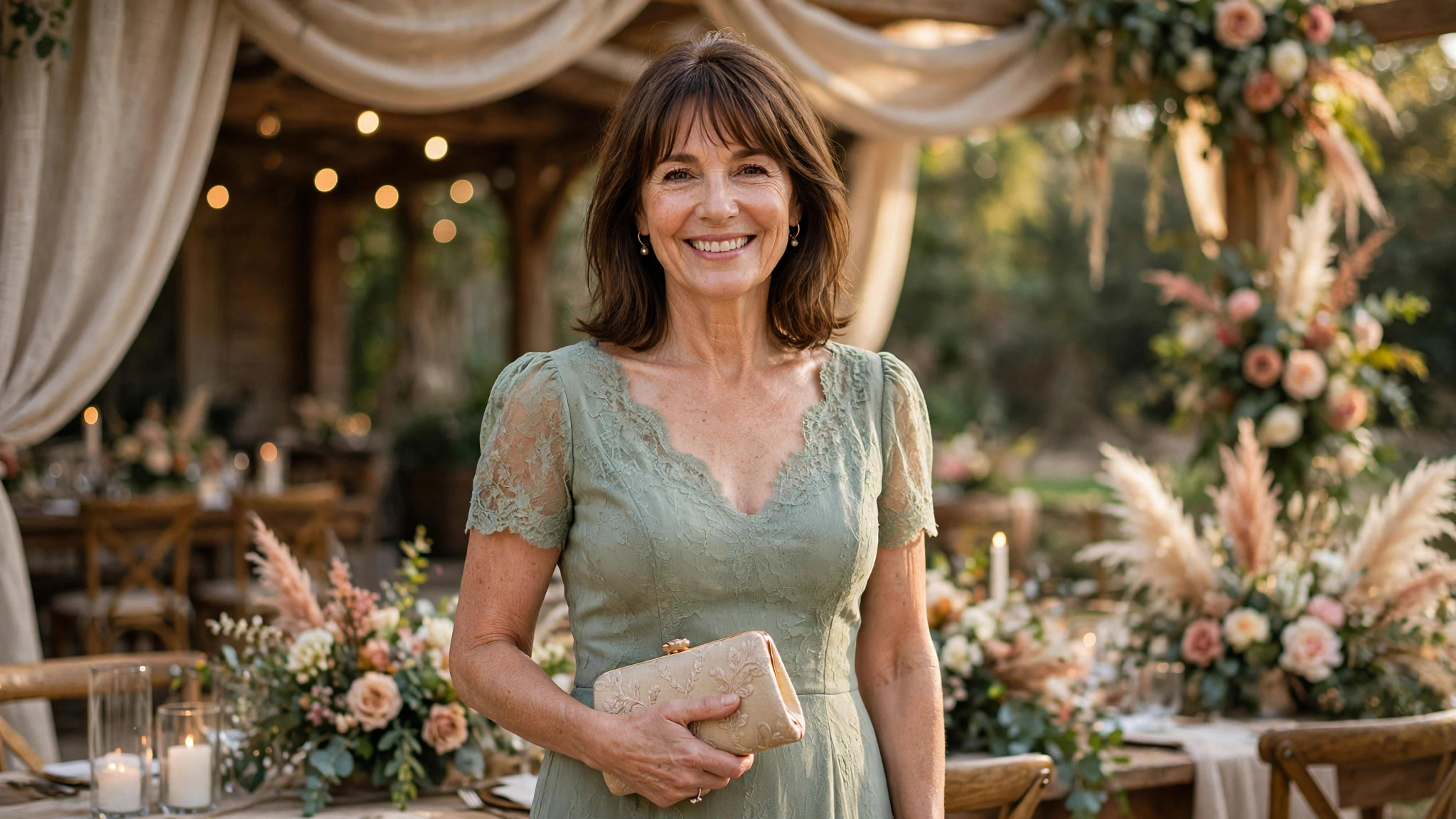 Smiling woman with shoulder-length brown hair and bangs in an elegant wedding guest dress holding a clutch, with wedding dress codes decoded for 2026