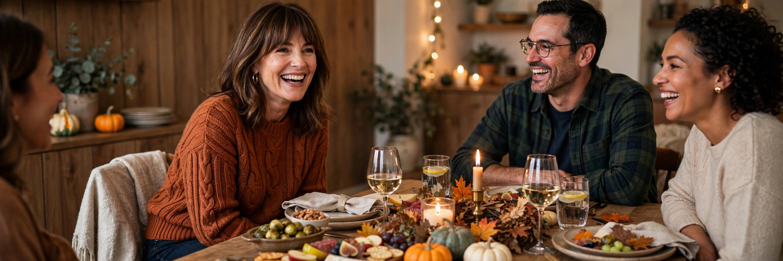 Smiling woman in a rust knit sweater at a Friendsgiving dinner table, a cozy pick for what to wear to friendsgiving