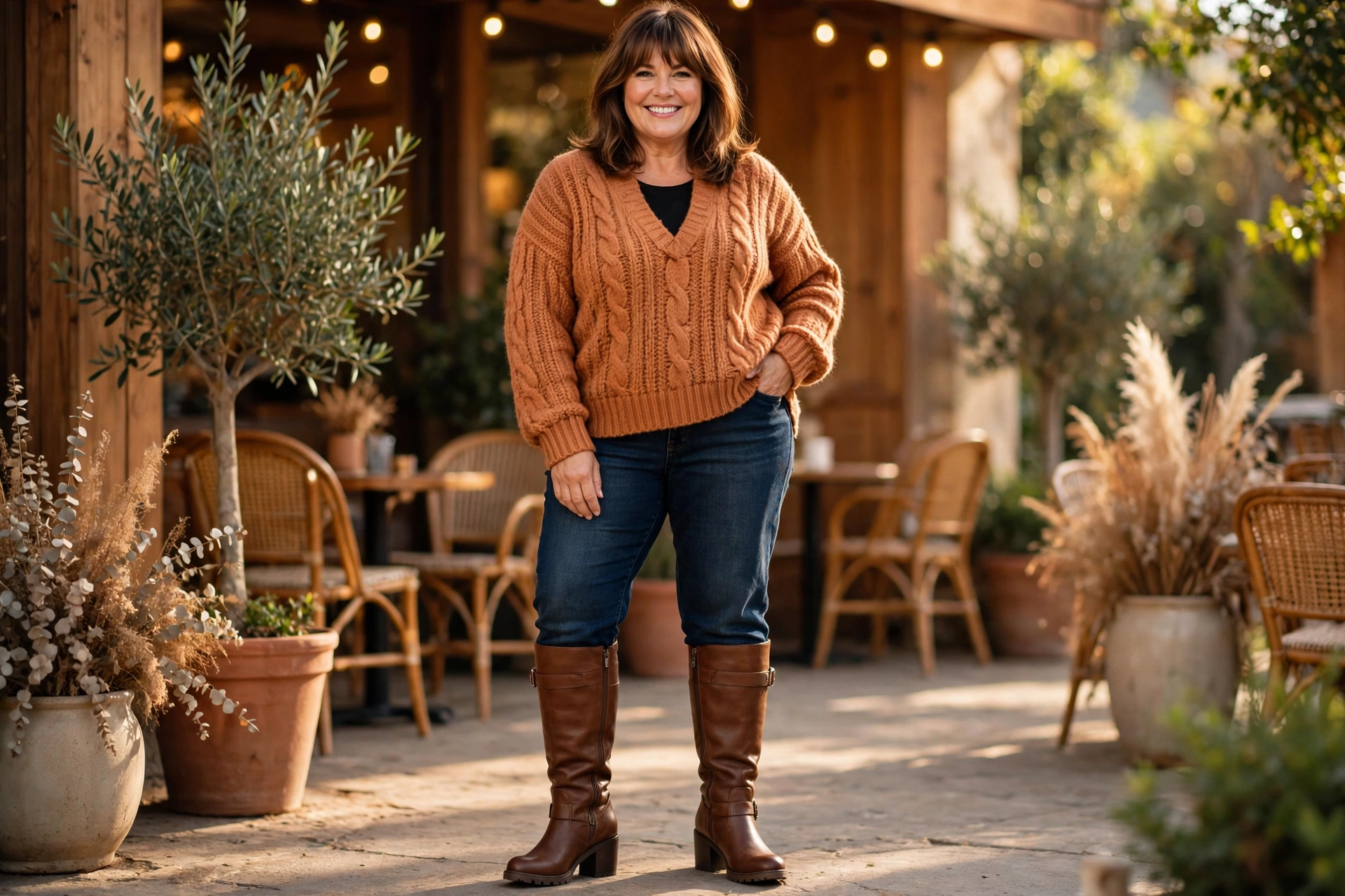 Woman wearing wide calf knee high boots with a midi dress, wide calf boots for plus size women