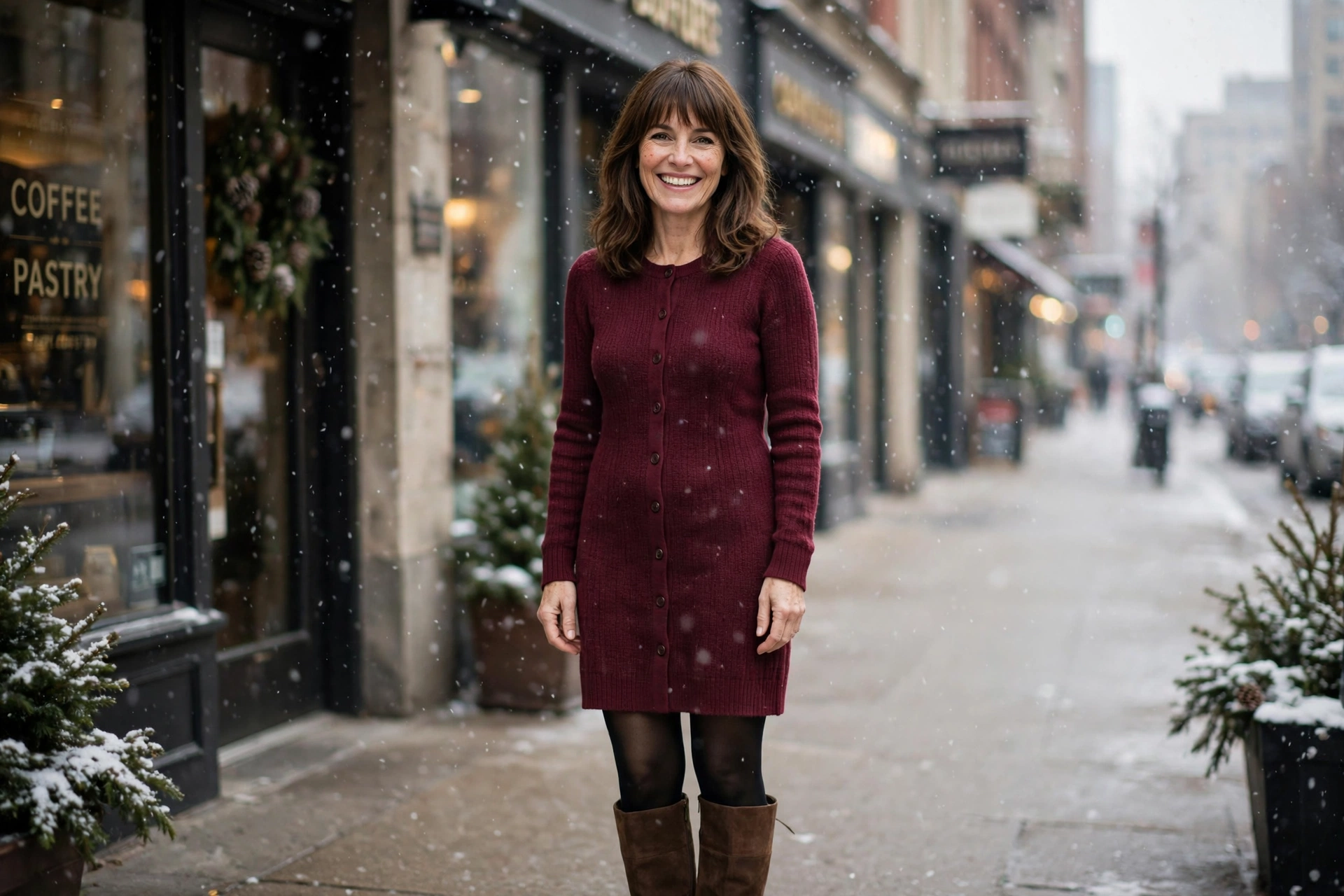 Woman in winter dress with opaque black tights and knee-high boots