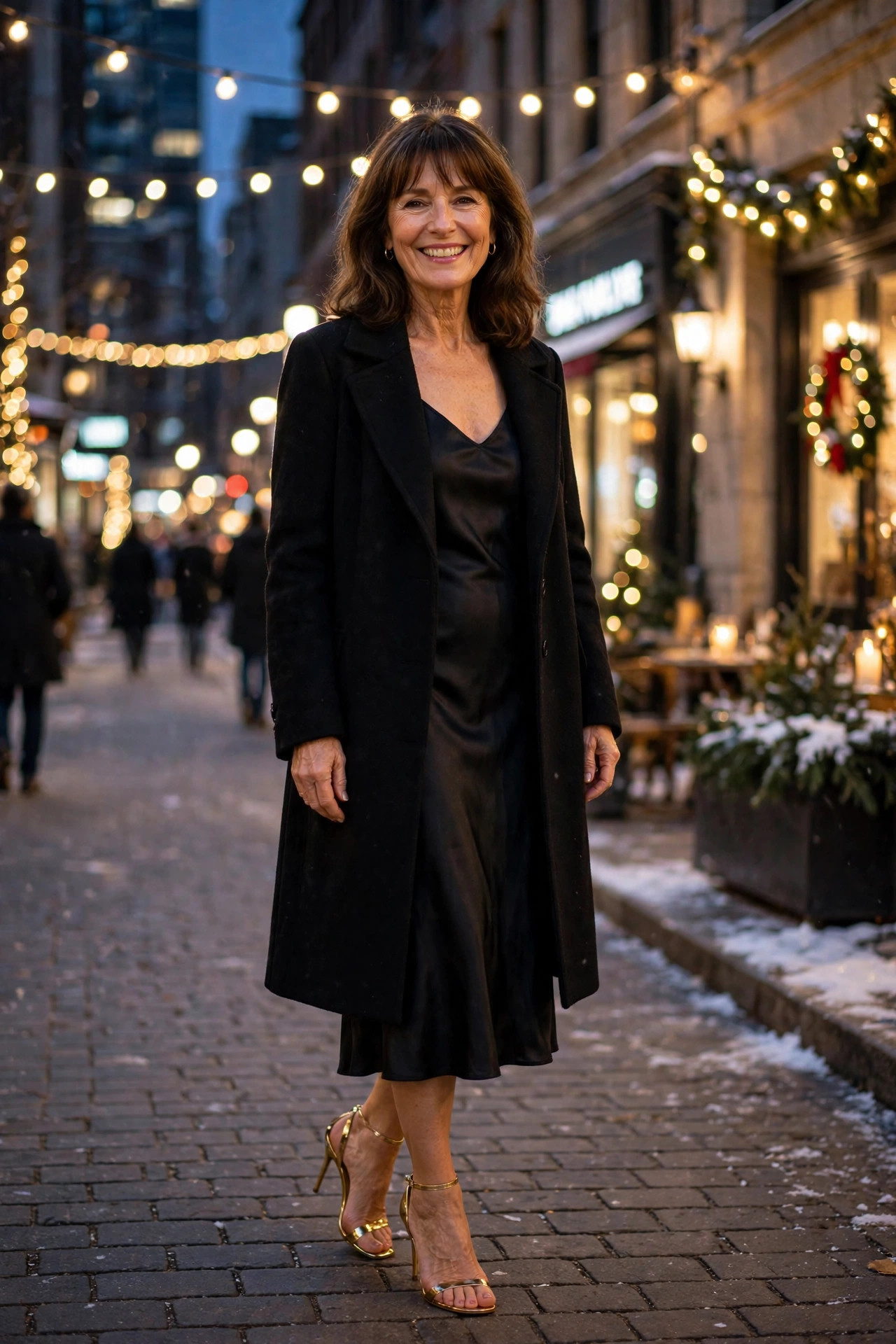 Smiling woman in a black satin slip dress with an evening coat and gold heels on a winter street at night