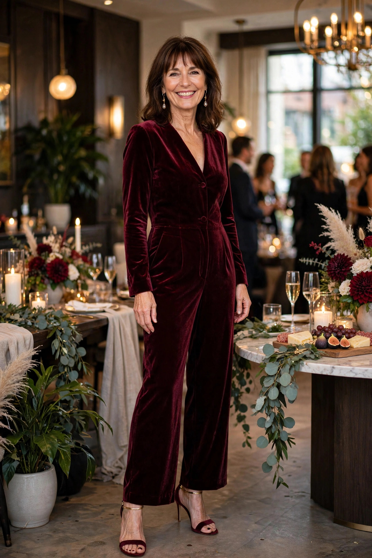 Smiling woman wearing a burgundy velvet jumpsuit with pearl earrings at an upscale New Year party