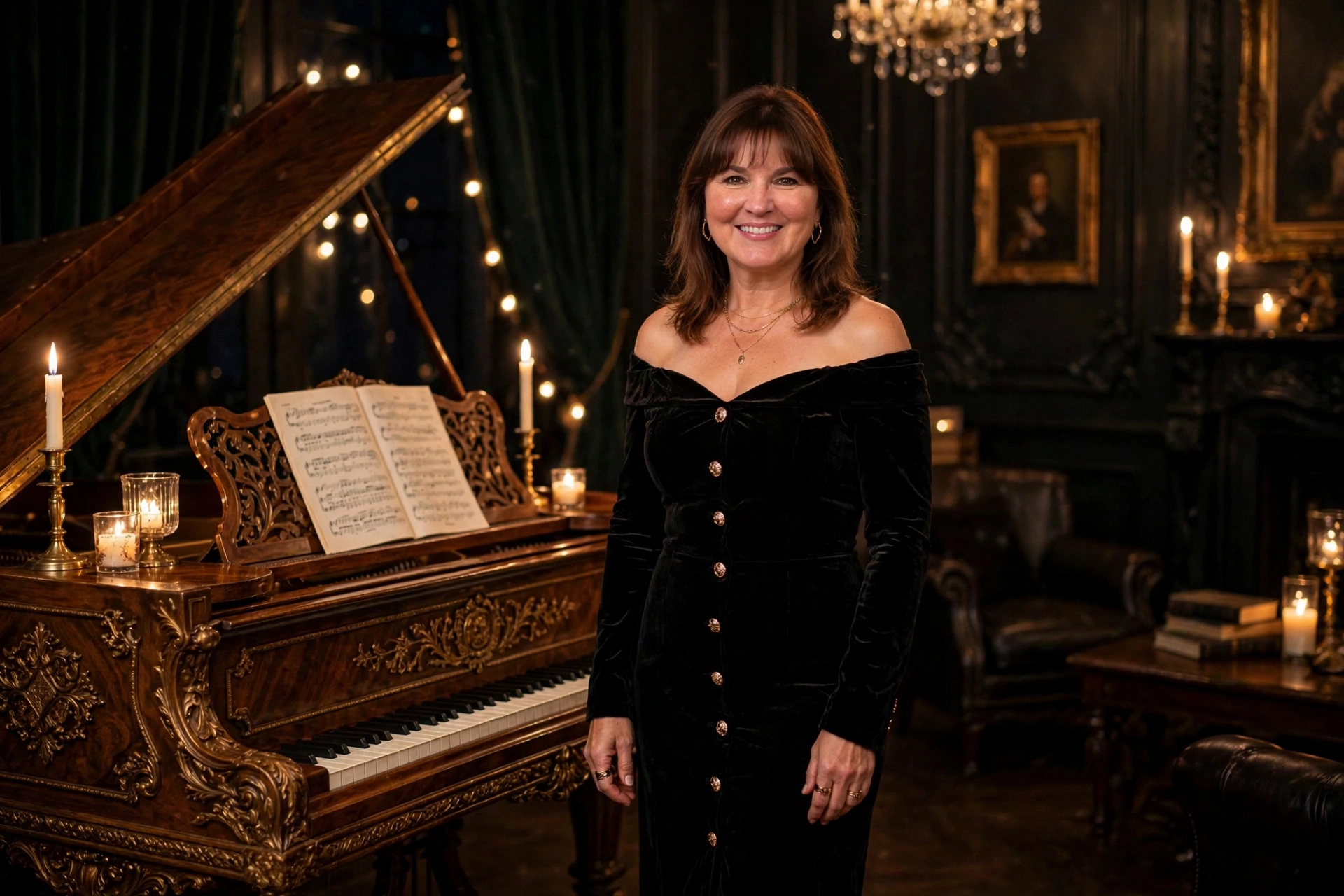 Smiling woman with shoulder-length brown hair and bangs wearing an off-the-shoulder black velvet dress with gold buttons, standing by a grand piano in a candlelit room, a non-traditional black Christmas outfit