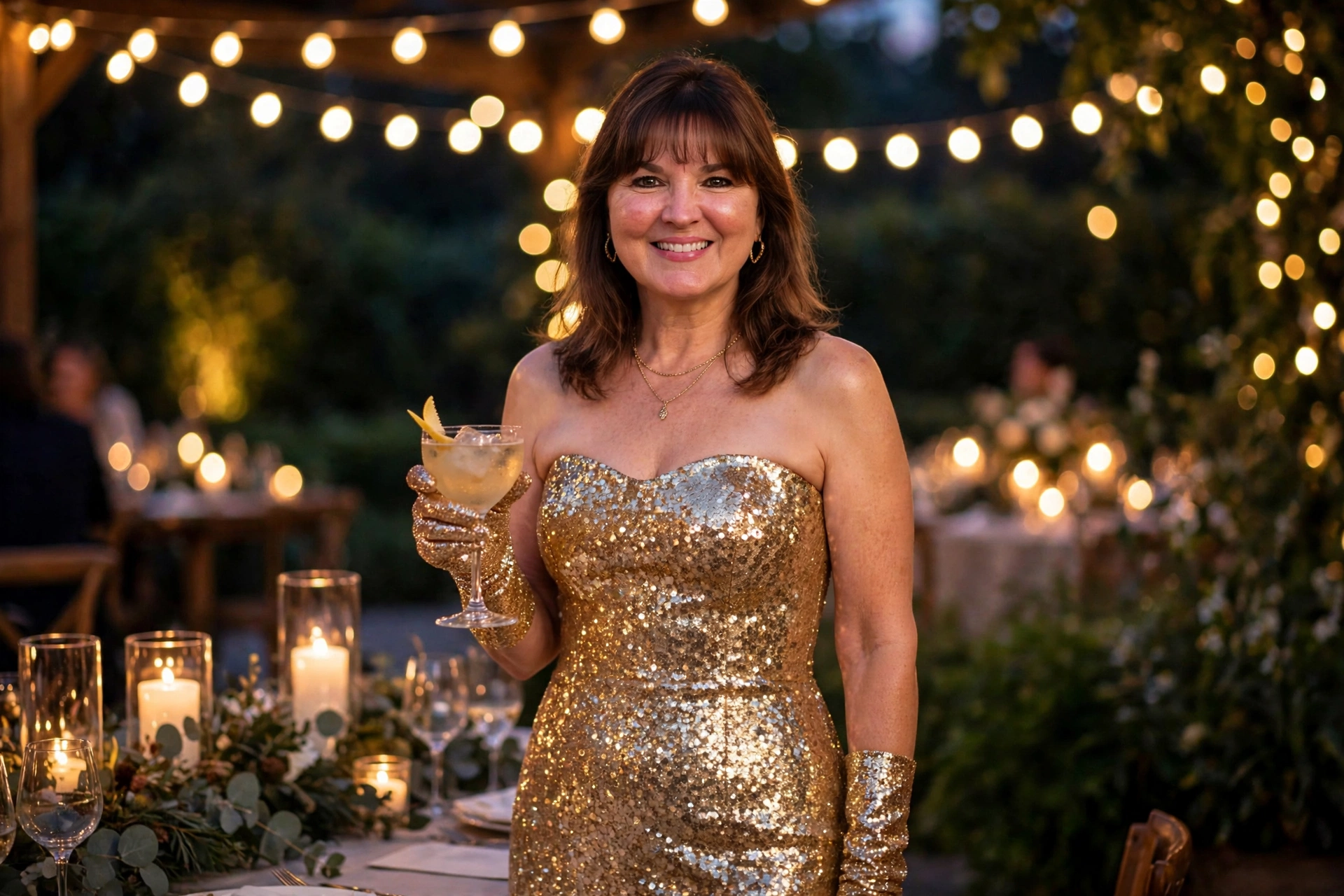 Smiling woman with shoulder-length brown hair and bangs wearing a strapless champagne gold sequin dress with matching gloves, holding a cocktail at an evening party with string lights, a non-traditional Christmas outfit