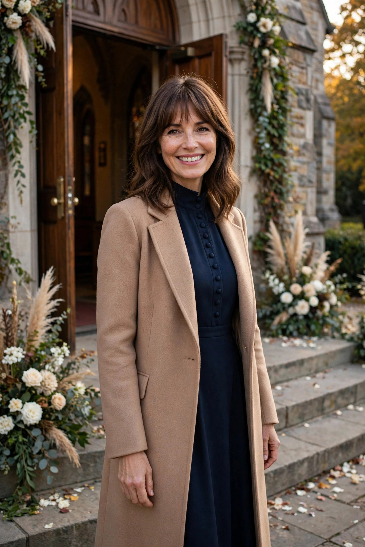Smiling woman wearing a navy high-neck dress with a camel coat at a church wedding entrance