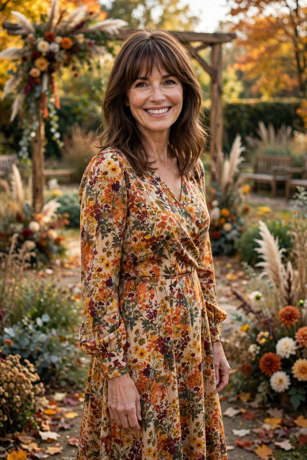 Smiling woman in a long-sleeve autumn floral dress at an outdoor fall wedding venue with a floral arch