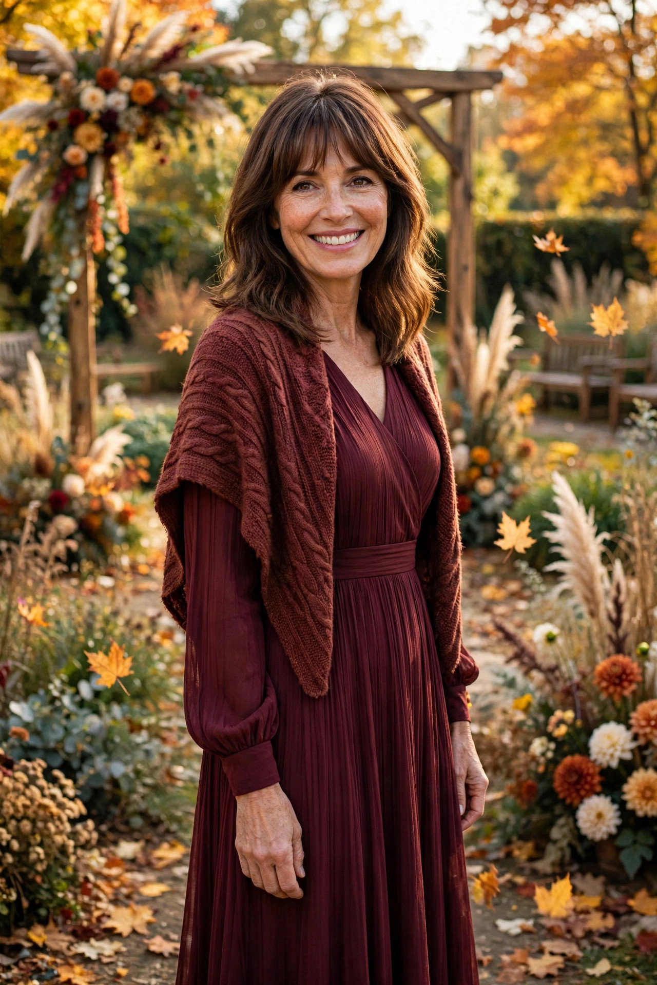 Smiling woman in a burgundy pleated dress with a rust knit shawl at a fall wedding garden
