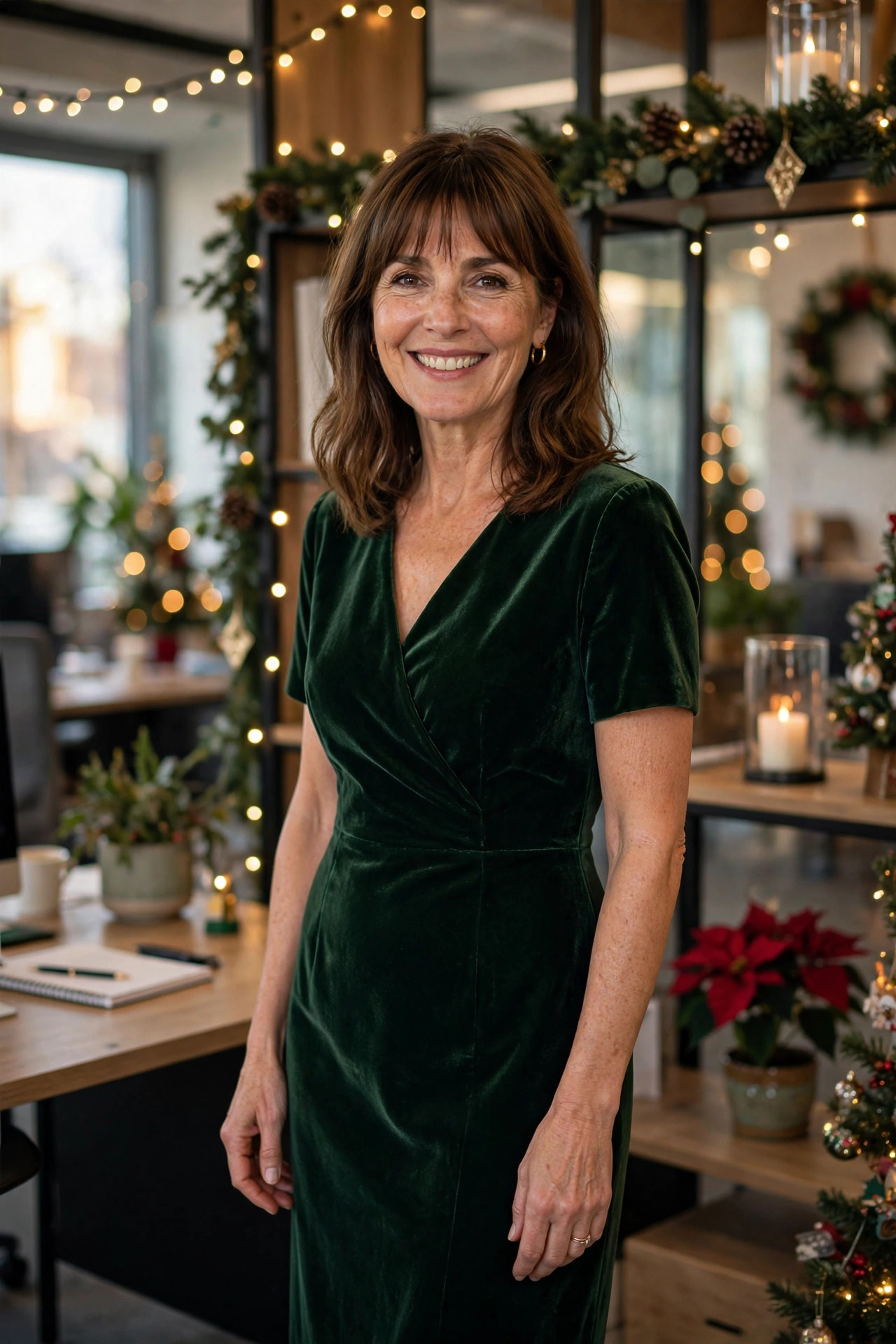 Smiling woman in a deep green velvet wrap dress at an office holiday party with festive decorations