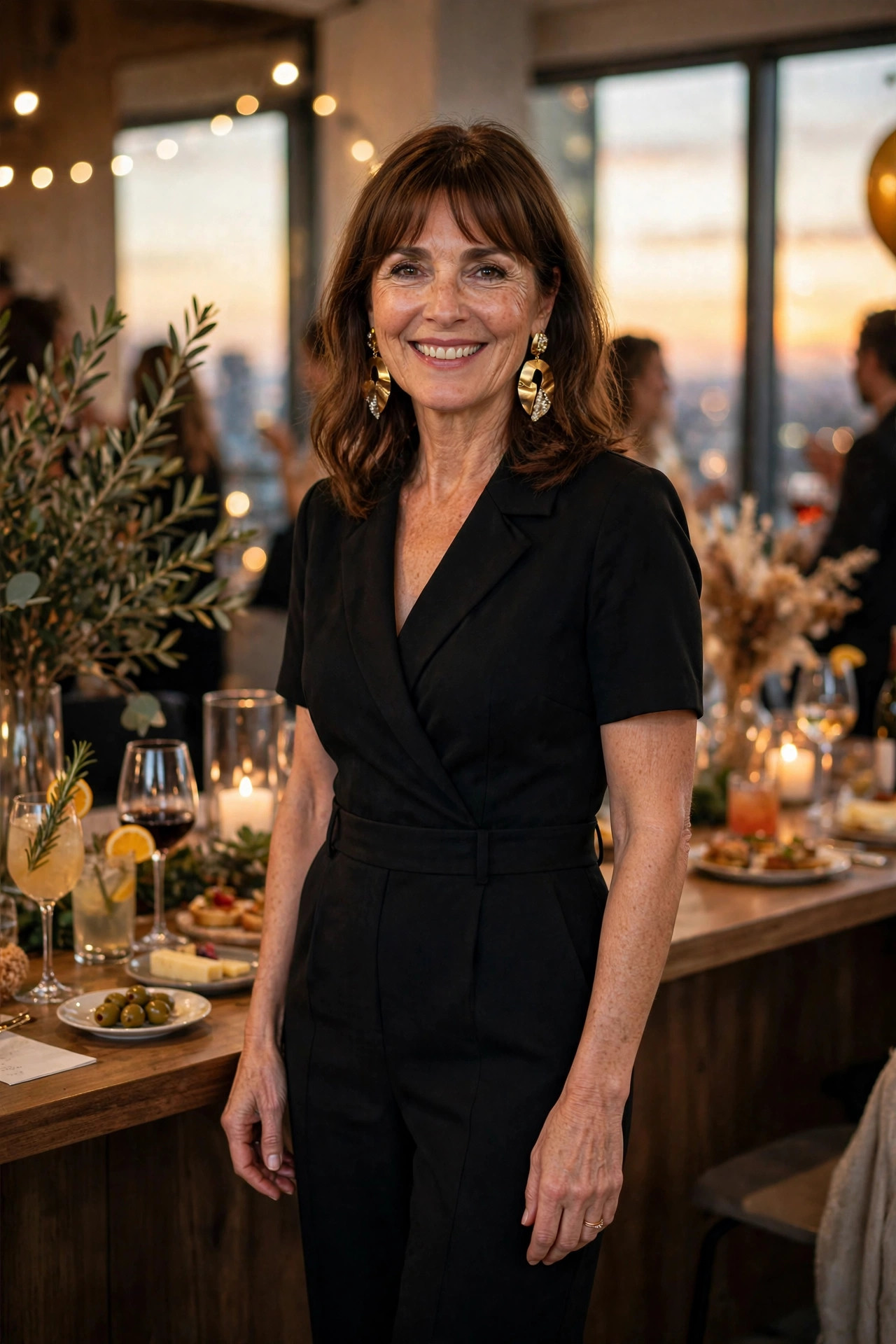 Smiling woman wearing a black wrap jumpsuit with gold statement earrings at an after-work party