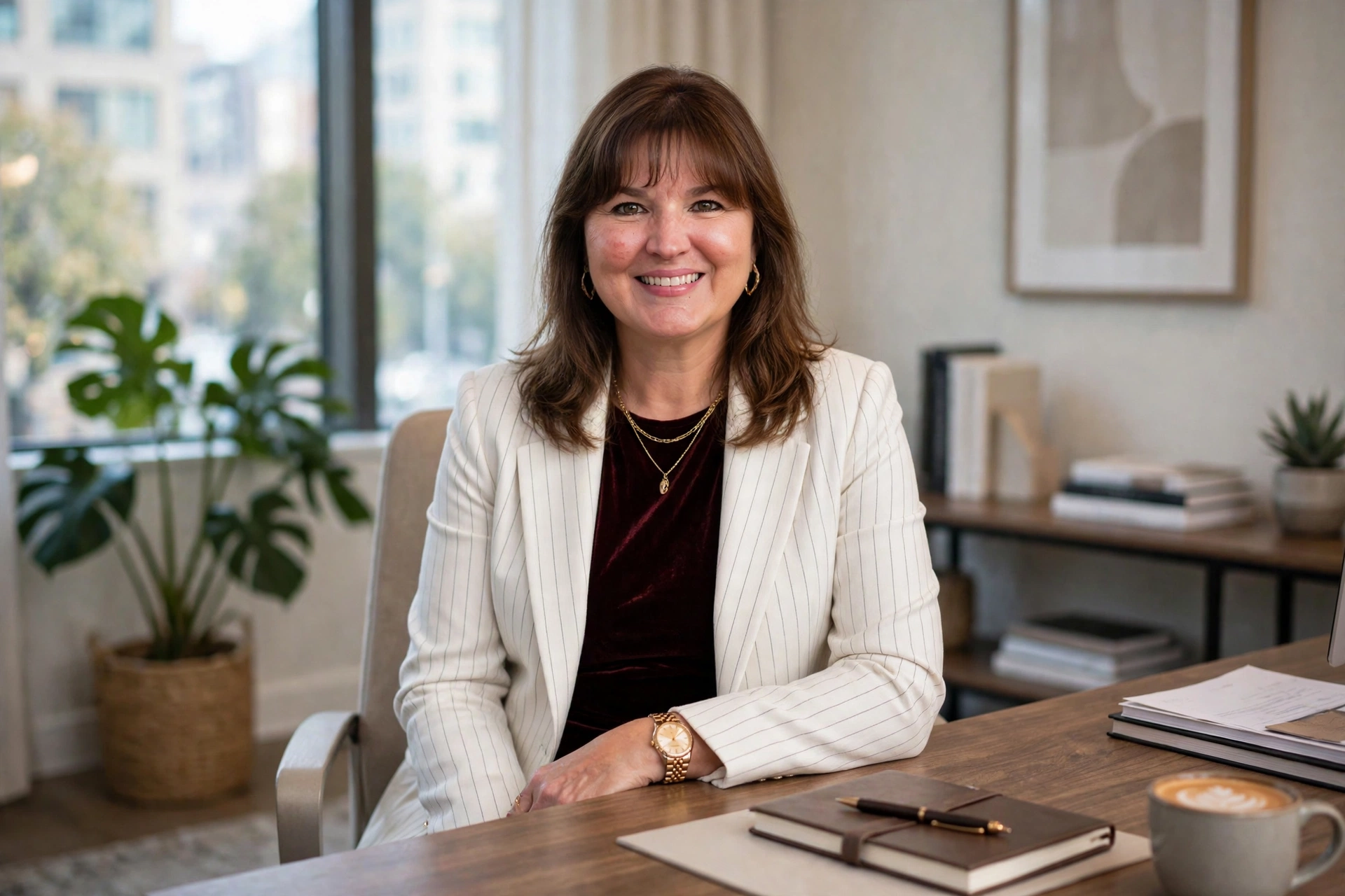 Woman with shoulder-length brown hair and bangs wearing a black velvet blazer