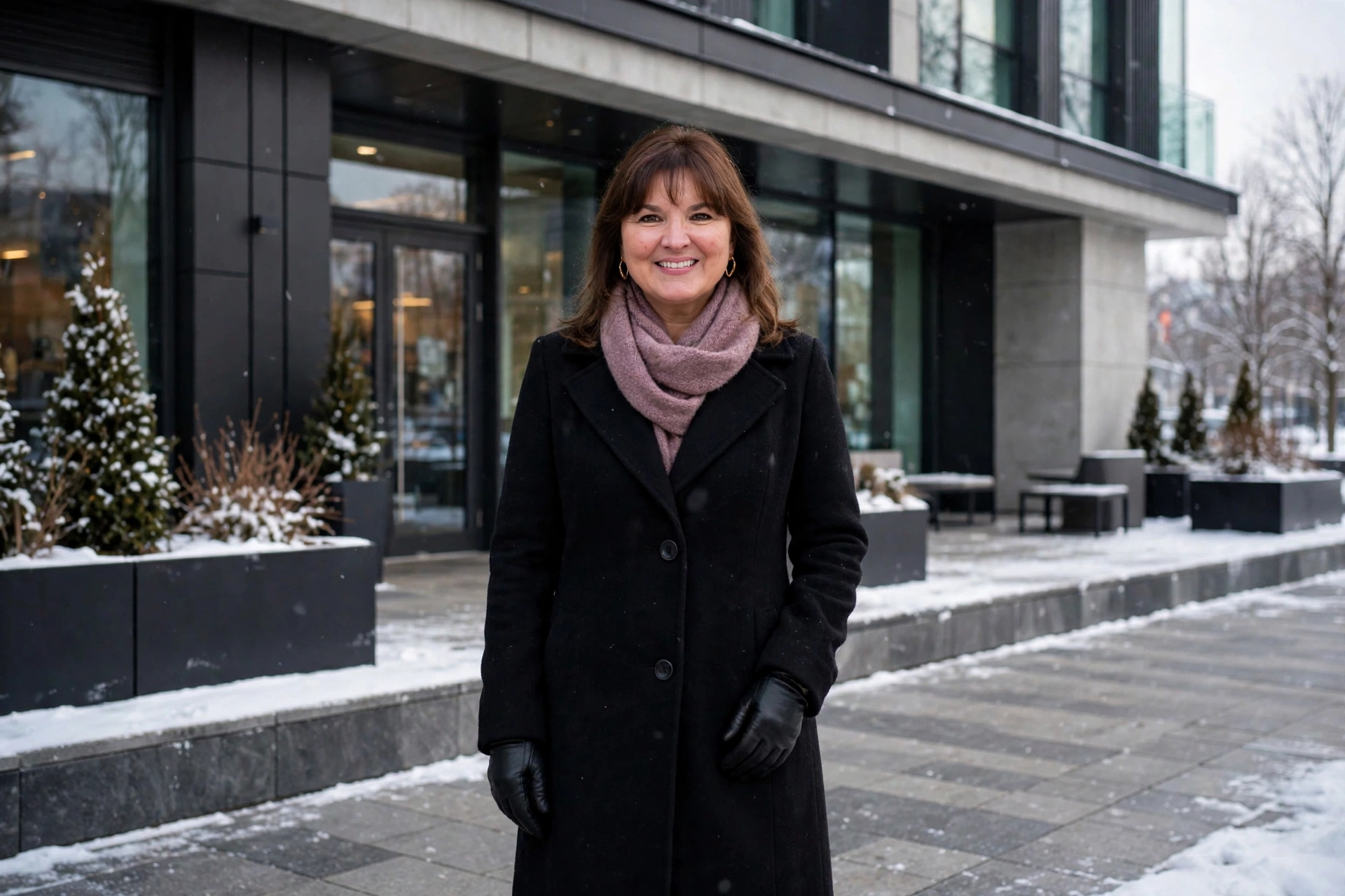 Woman with shoulder-length brown hair and bangs wearing a camel wool winter coat