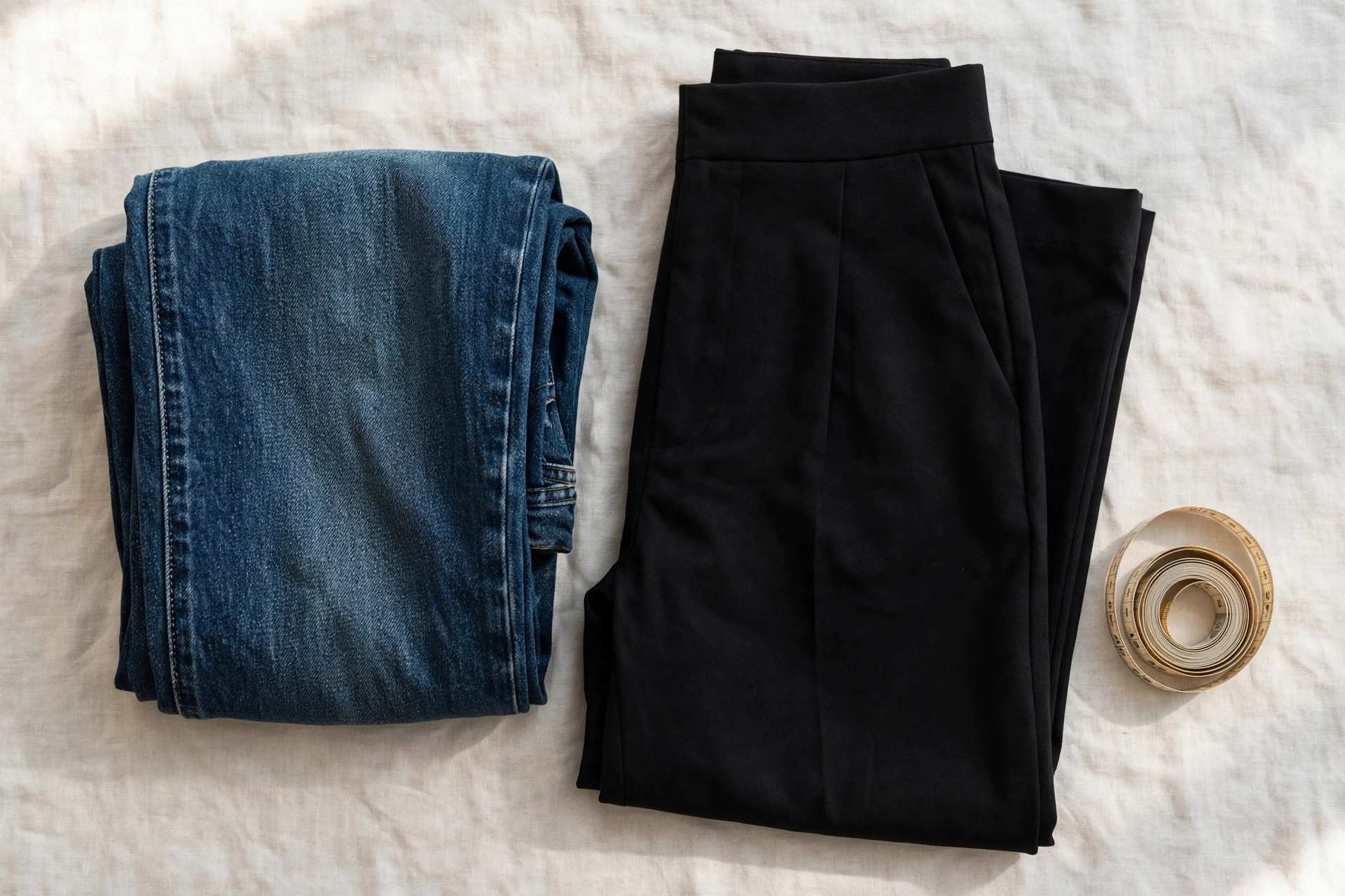 Folded curvy-fit jeans and black wide-leg trousers with a measuring tape on linen, pants for small waist and big thighs