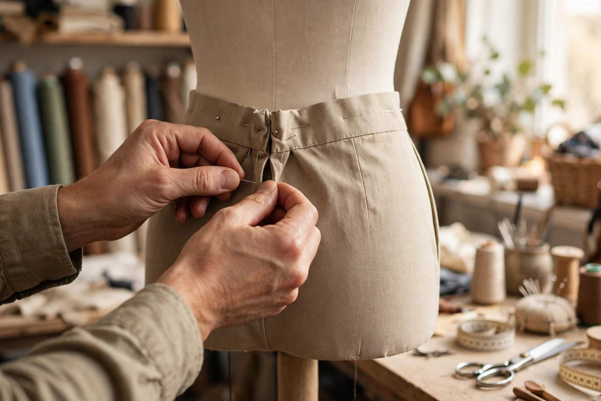 Tailor pinning in the waistband of trousers at the back seam for a waist-gap fix