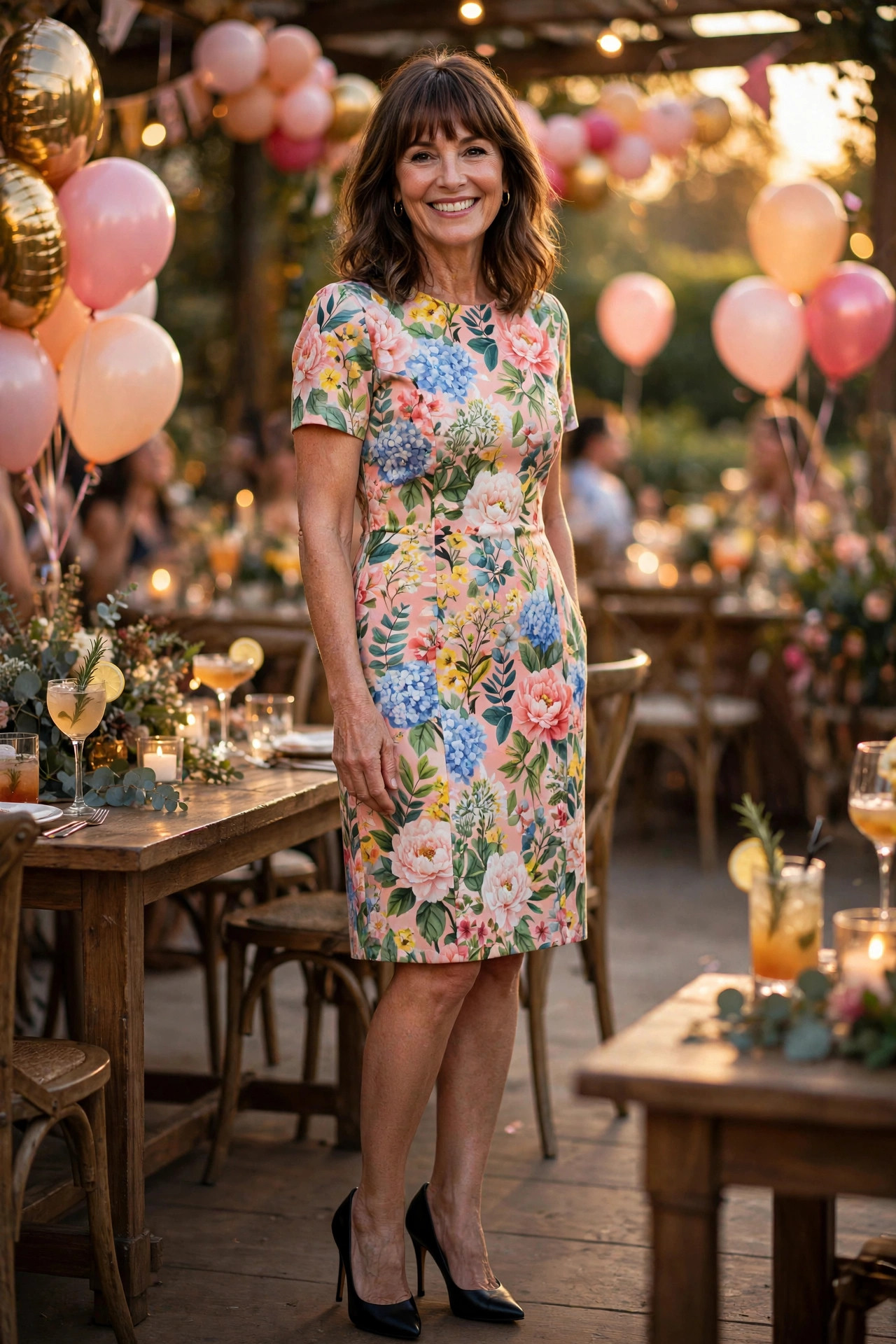 Smiling woman in a colorful floral dress with black heels at a birthday party with balloons